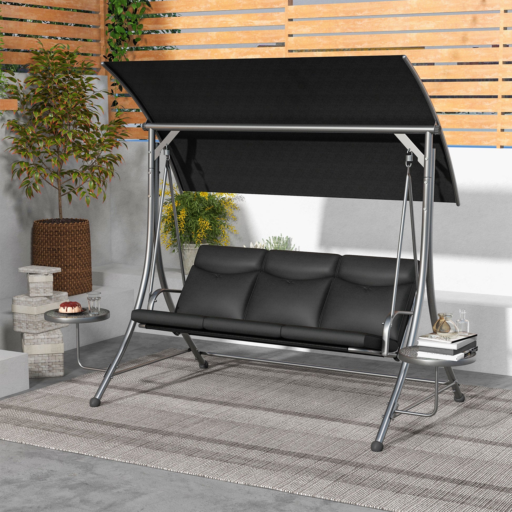 3 Seat Porch Swing Chair Steel Canopy Black-DECOROLALA