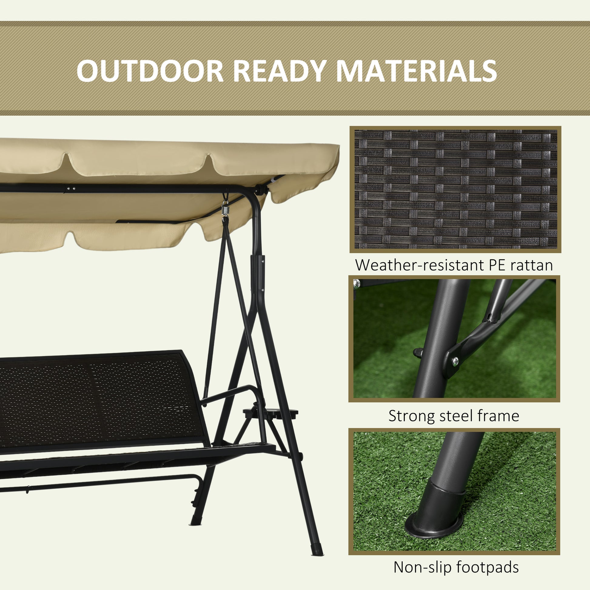 3-Seat Porch Swing with Canopy - Rattan-DECOROLALA