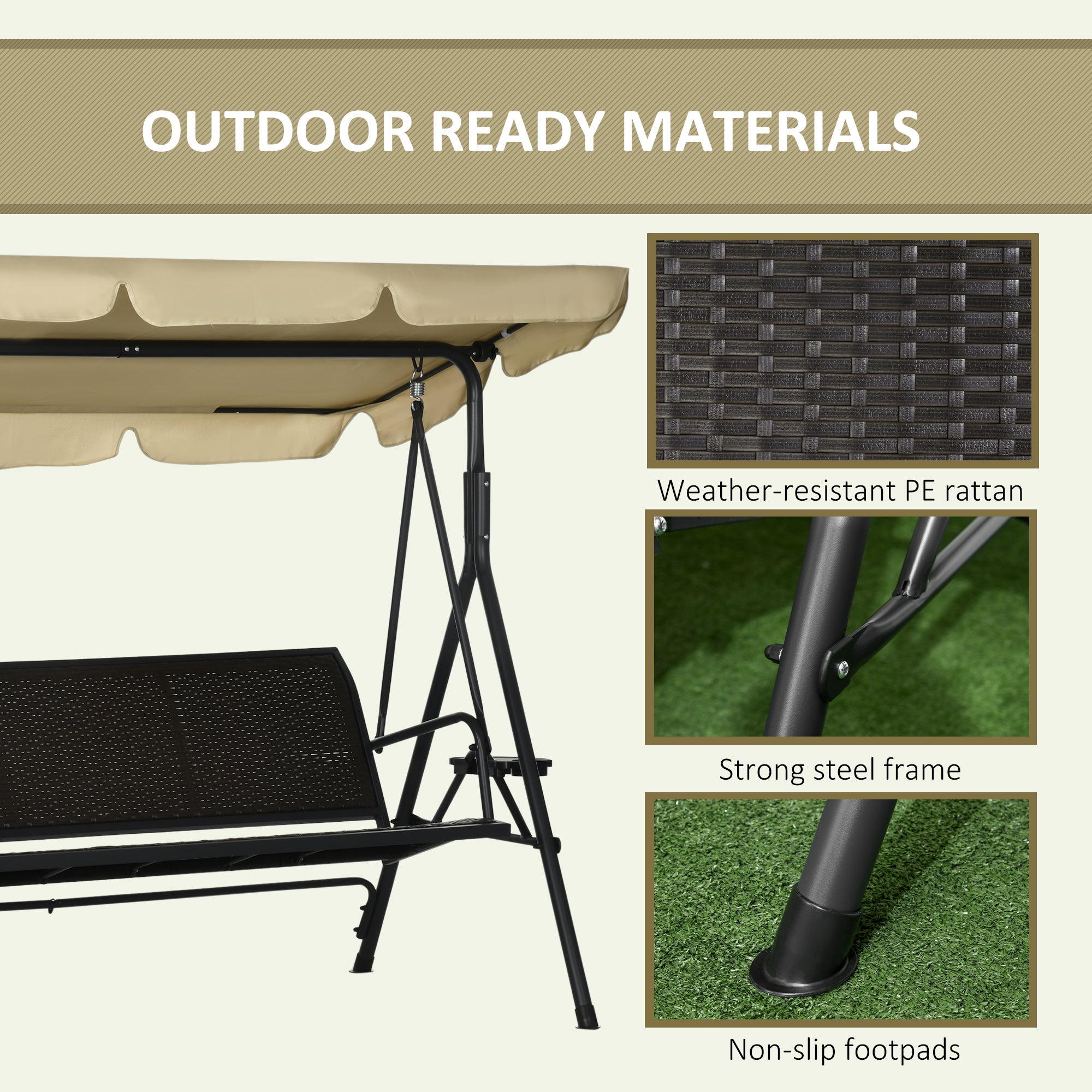3-Seat Porch Swing with Canopy - Rattan-DECOROLALA