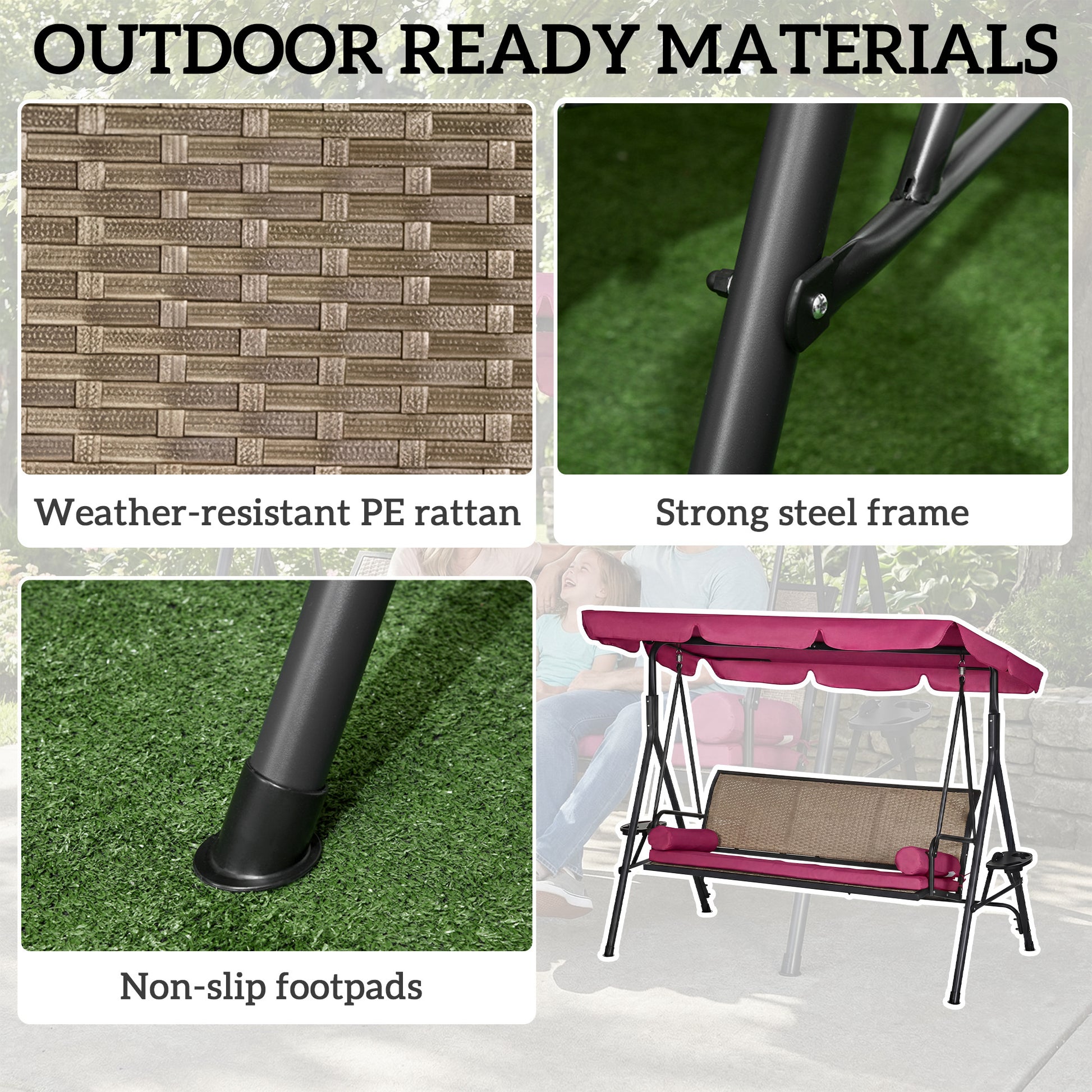 3-Seat Porch Swing with Canopy & Rattan-DECOROLALA