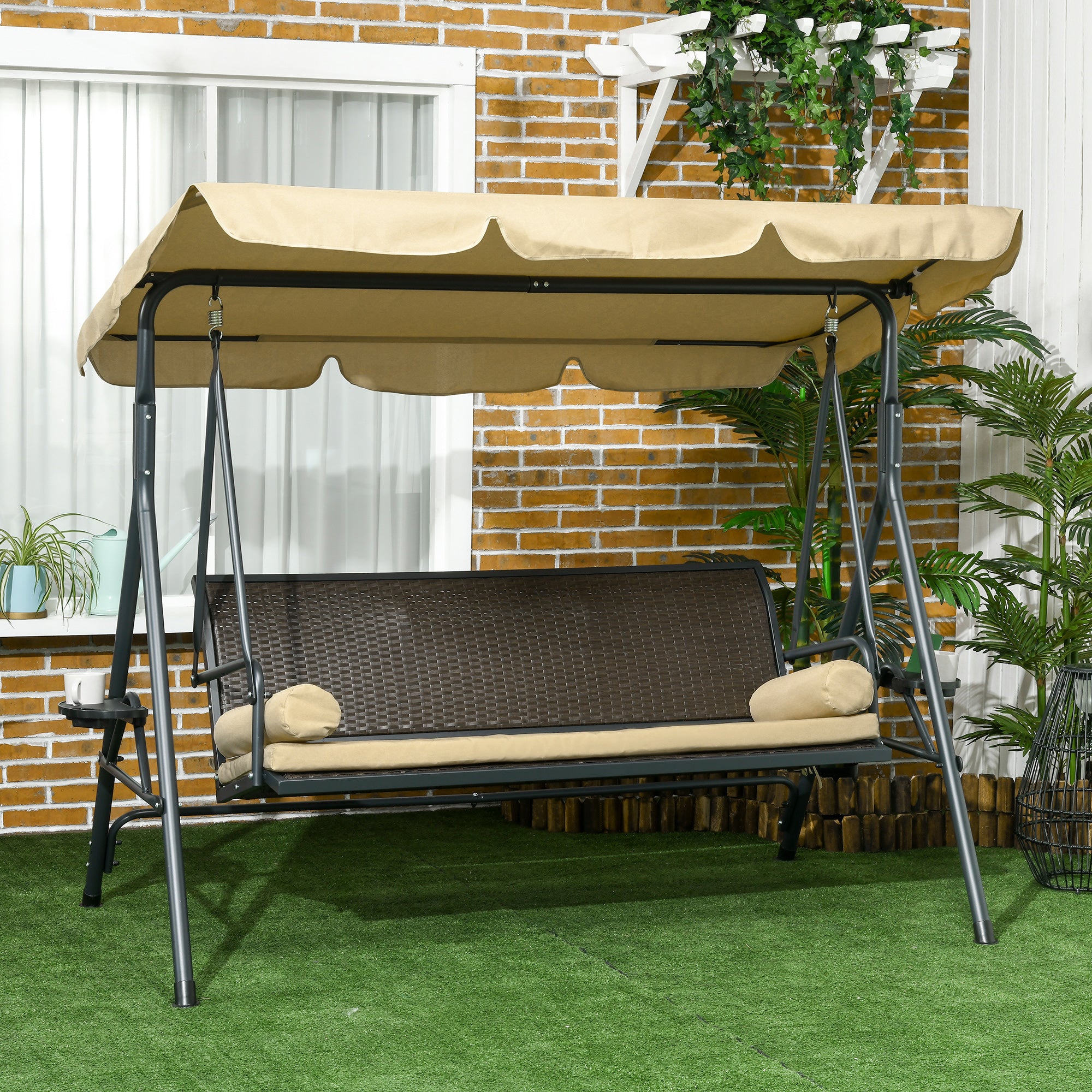3-Seat Porch Swing with Canopy - Rattan-DECOROLALA