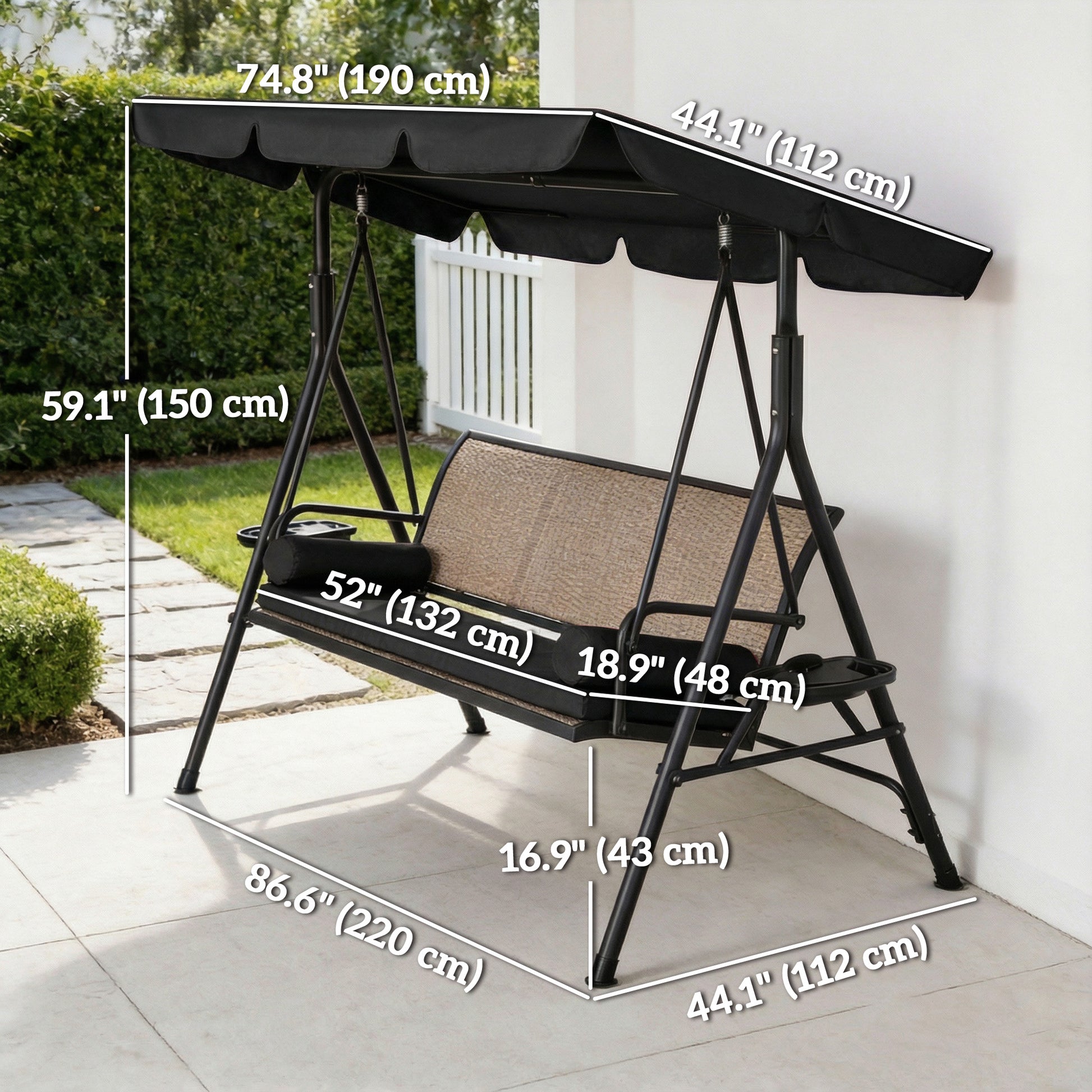 3-Seat Porch Swing with Canopy - Rattan Black-DECOROLALA