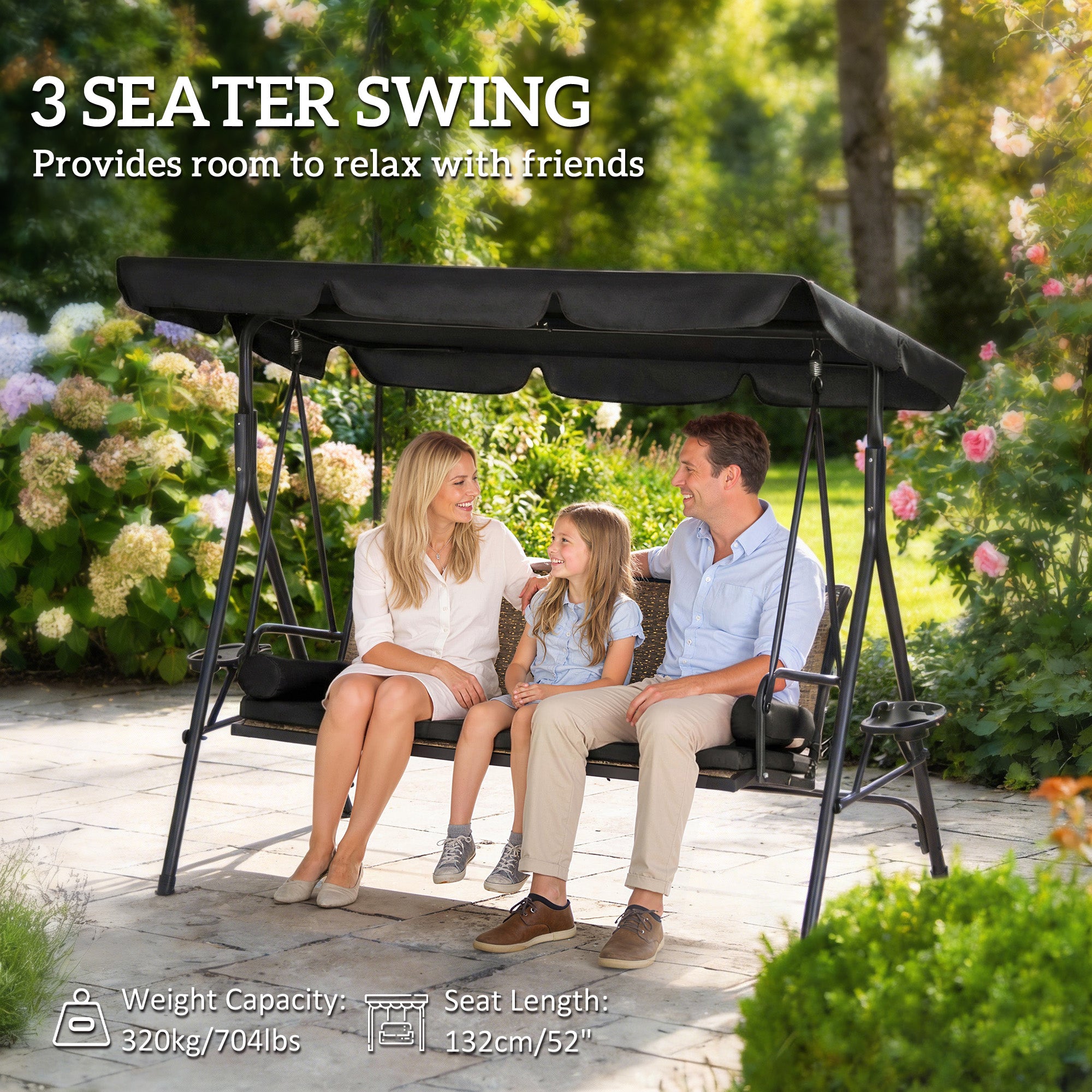 3-Seat Porch Swing with Canopy - Rattan Black-DECOROLALA