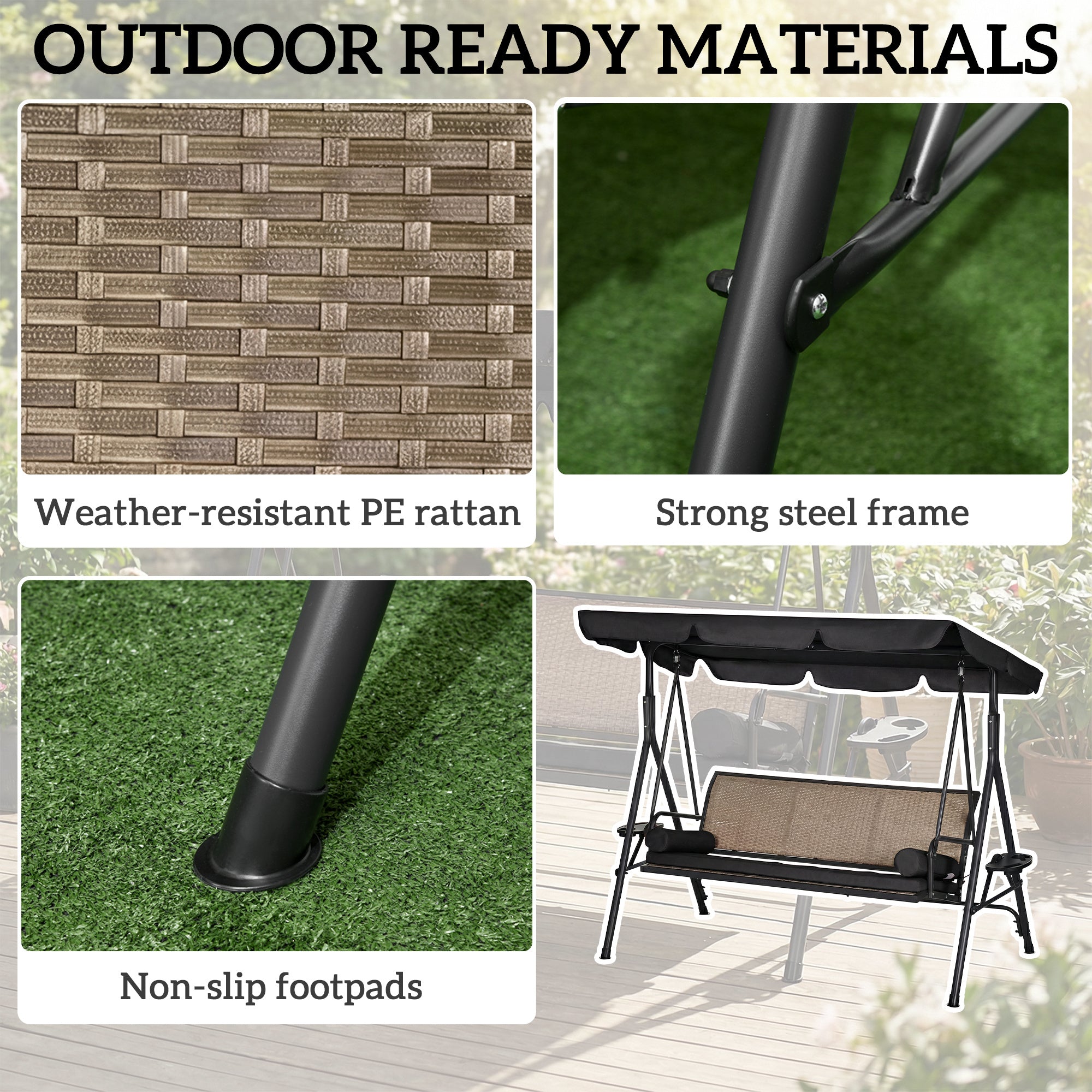 3-Seat Porch Swing with Canopy - Rattan Black-DECOROLALA