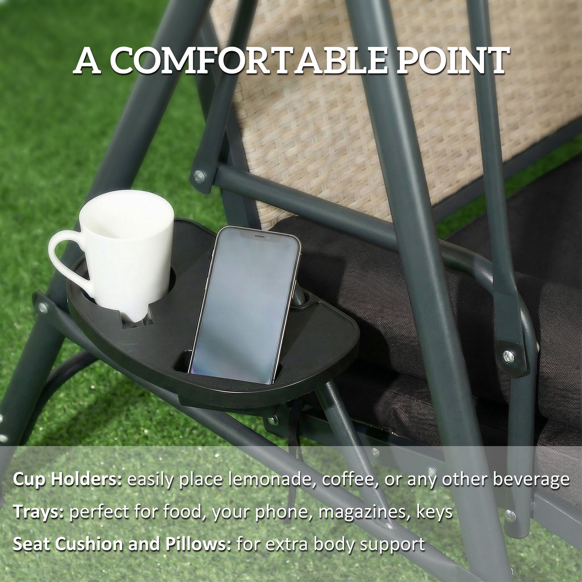 3-Seat Porch Swing with Canopy - Rattan Black-DECOROLALA