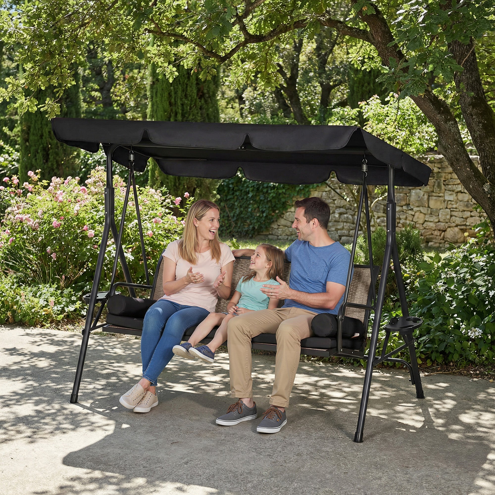 3-Seat Porch Swing with Canopy - Rattan Black-DECOROLALA