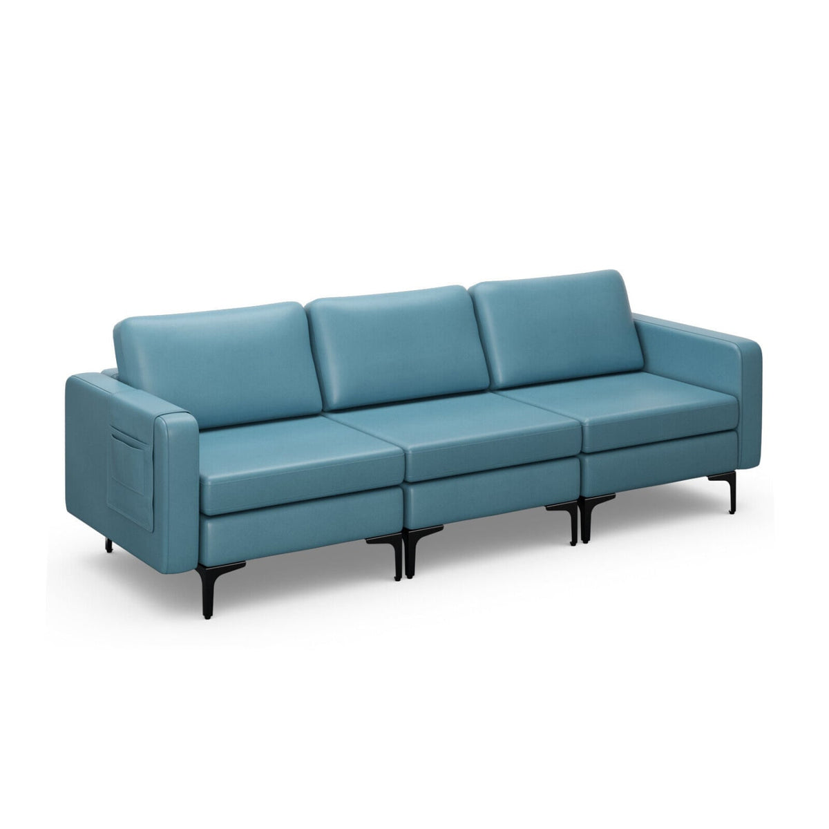 3-Seat Sectional Sofa - Blue Leather Fabric with Metal Legs-Sofas & Loveseats-DECOROLALA