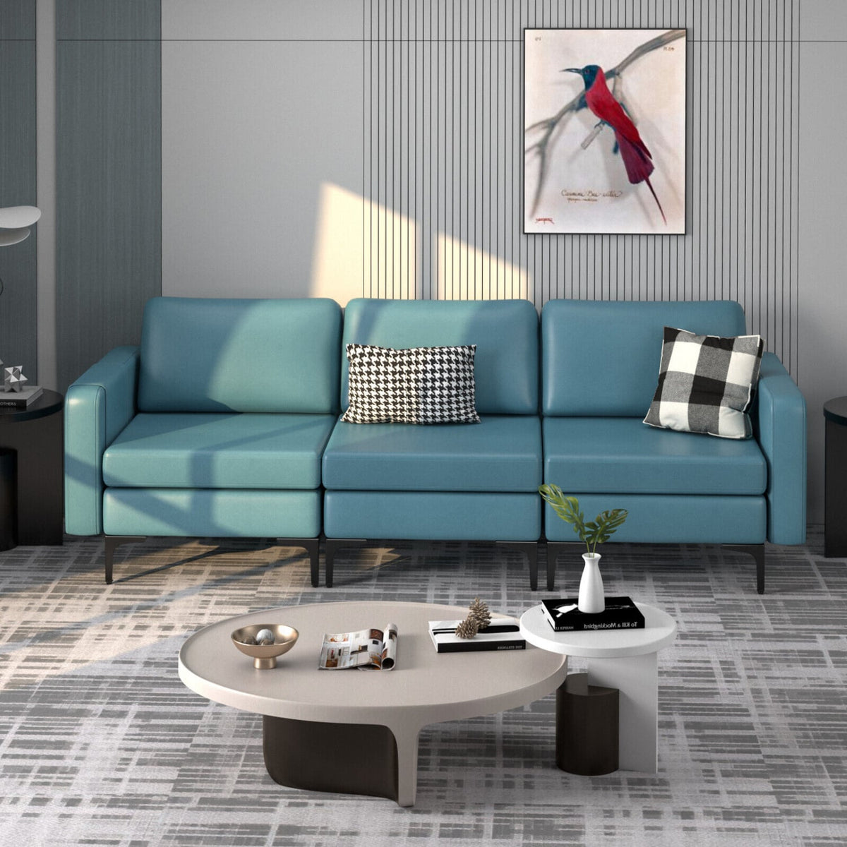 3-Seat Sectional Sofa - Blue Leather Fabric with Metal Legs-Sofas & Loveseats-DECOROLALA