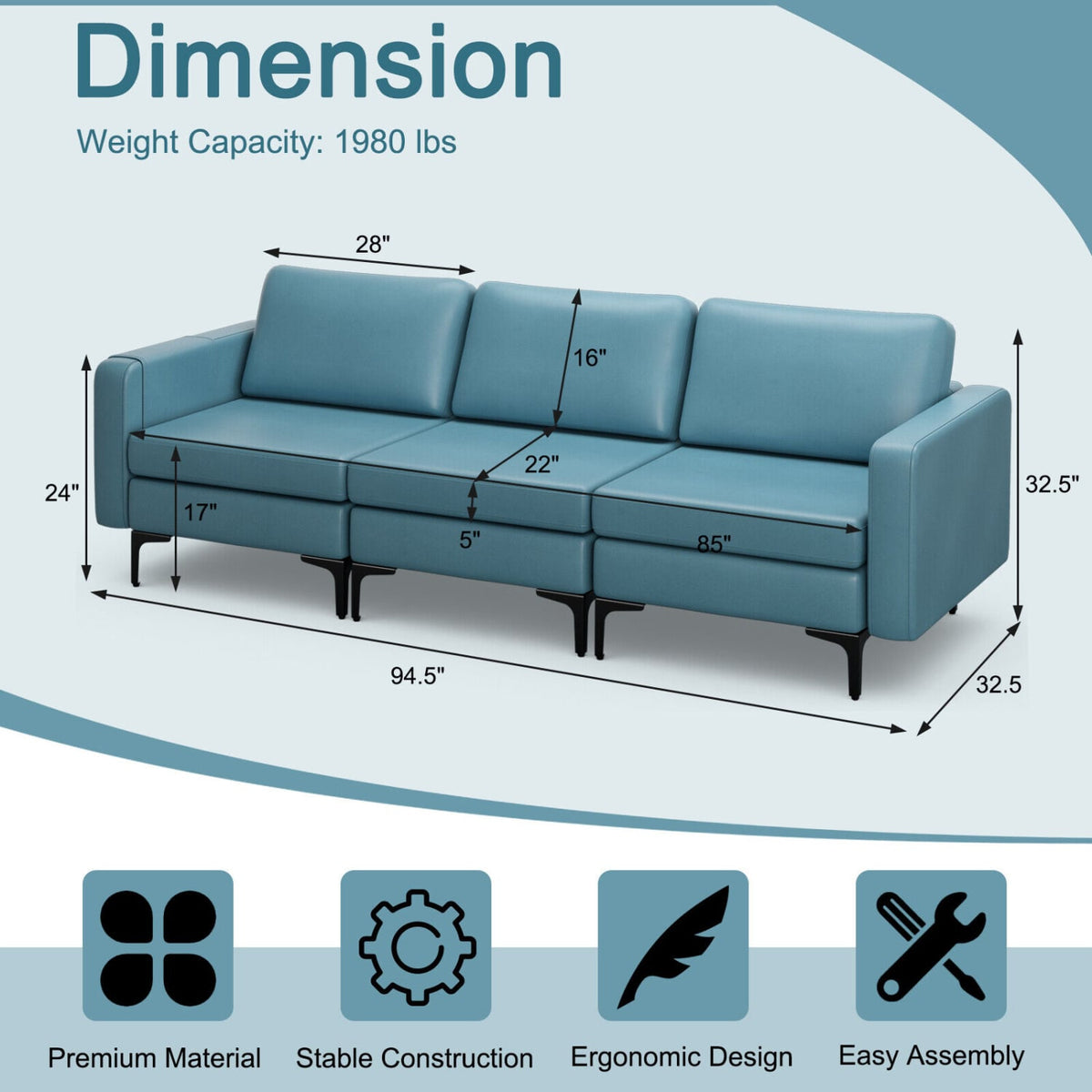 3-Seat Sectional Sofa - Blue Leather Fabric with Metal Legs-Sofas & Loveseats-DECOROLALA
