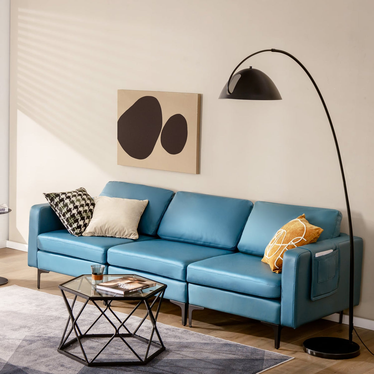 3-Seat Sectional Sofa - Blue Leather Fabric with Metal Legs-Sofas & Loveseats-DECOROLALA