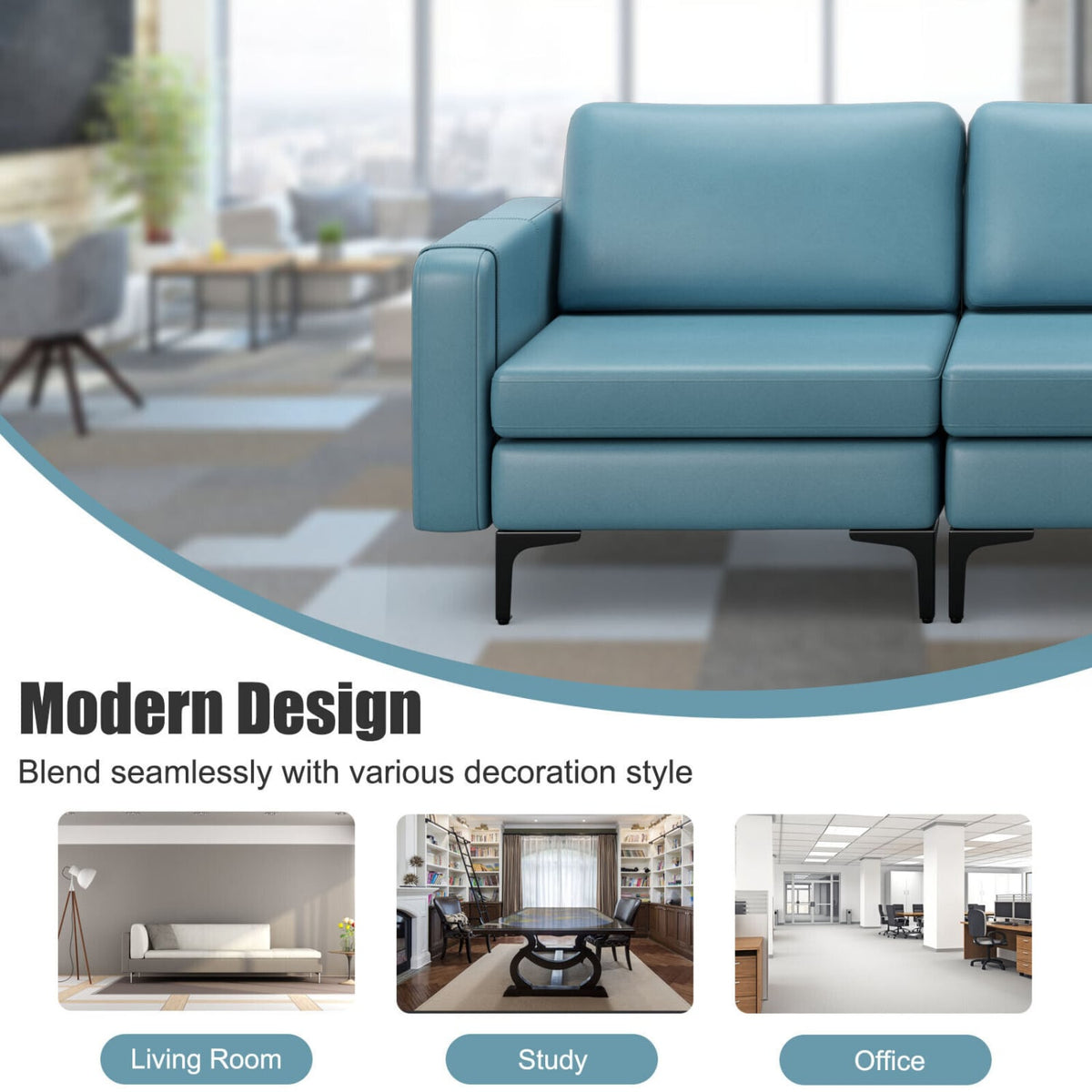 3-Seat Sectional Sofa - Blue Leather Fabric with Metal Legs-Sofas & Loveseats-DECOROLALA