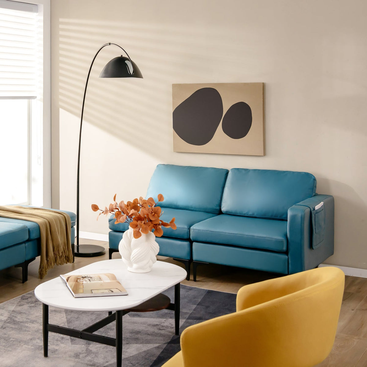 3-Seat Sectional Sofa - Blue Leather Fabric with Metal Legs-Sofas & Loveseats-DECOROLALA