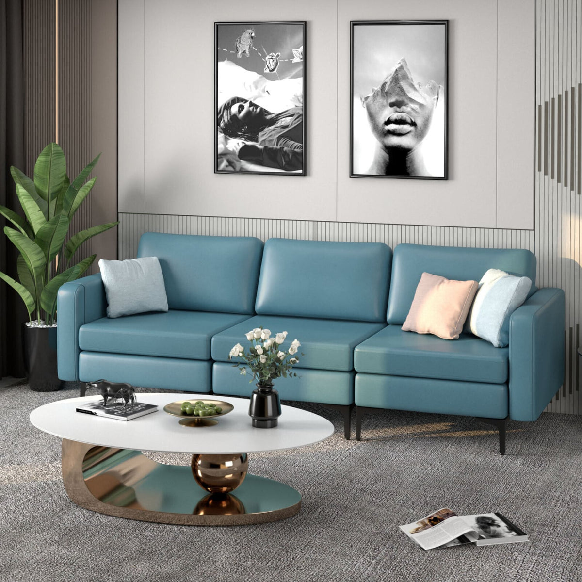3-Seat Sectional Sofa - Blue Leather Fabric with Metal Legs-Sofas & Loveseats-DECOROLALA
