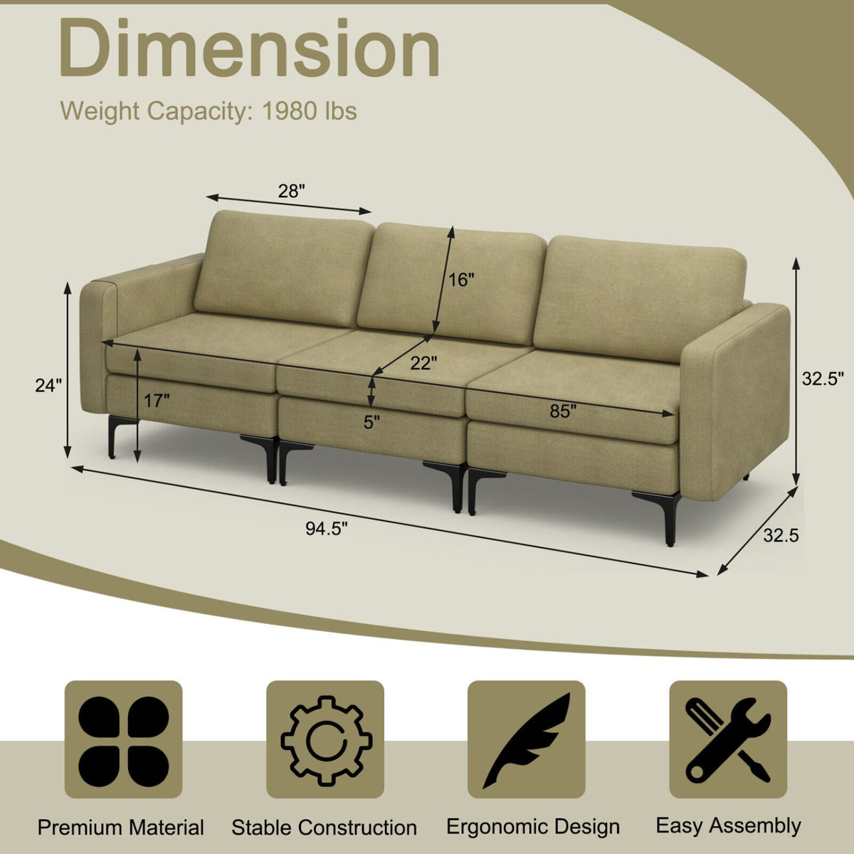 3-Seat Sectional Sofa - Green Linen Fabric with Metal Legs-Sofas & Loveseats-DECOROLALA