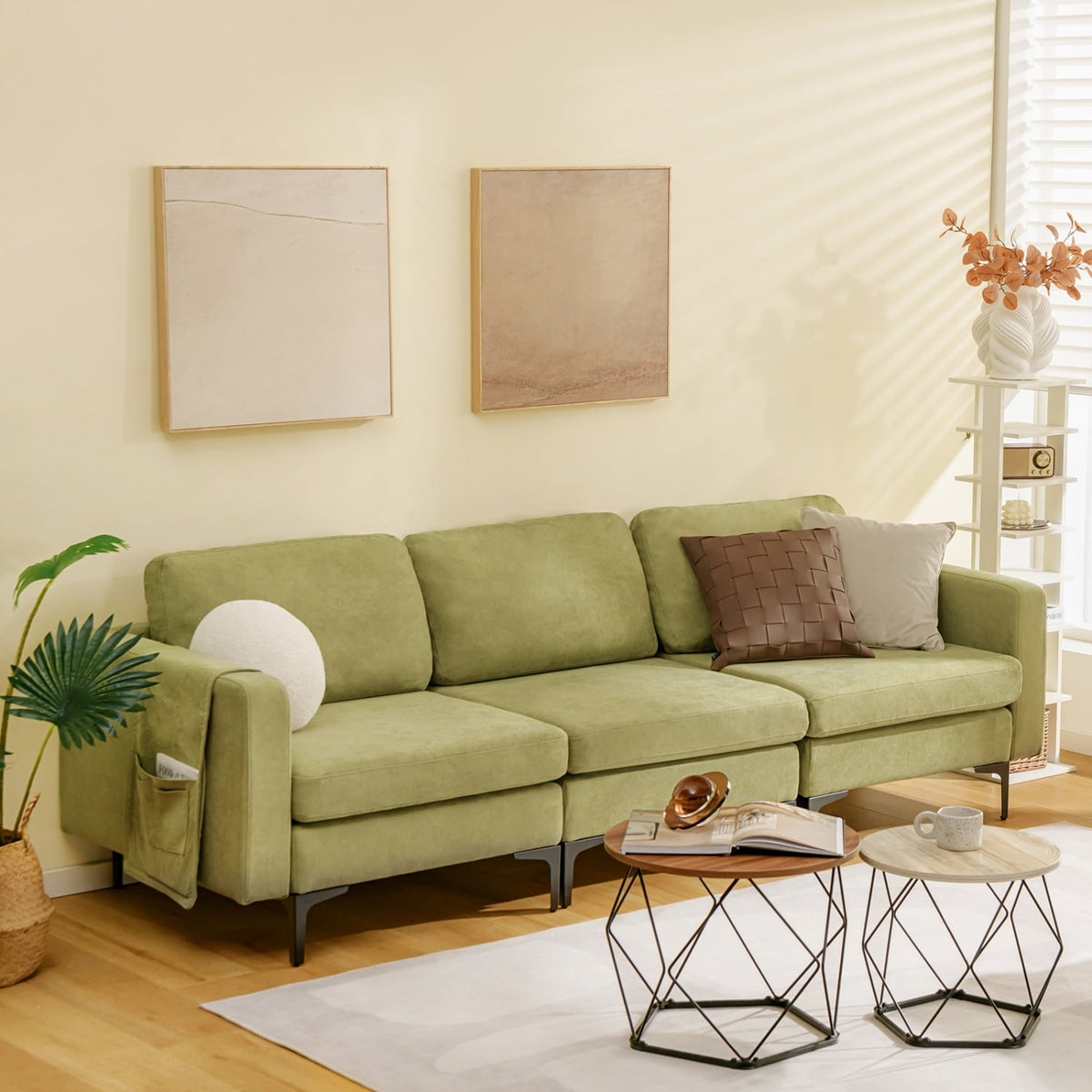 3-Seat Sectional Sofa - Green Linen Fabric with Metal Legs-Sofas & Loveseats-DECOROLALA