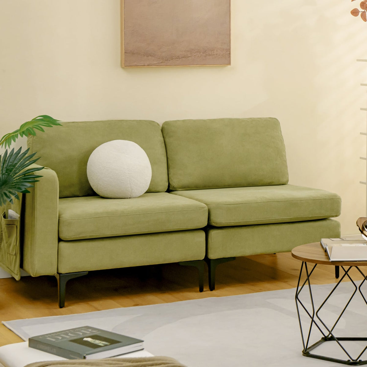 3-Seat Sectional Sofa - Green Linen Fabric with Metal Legs-Sofas & Loveseats-DECOROLALA