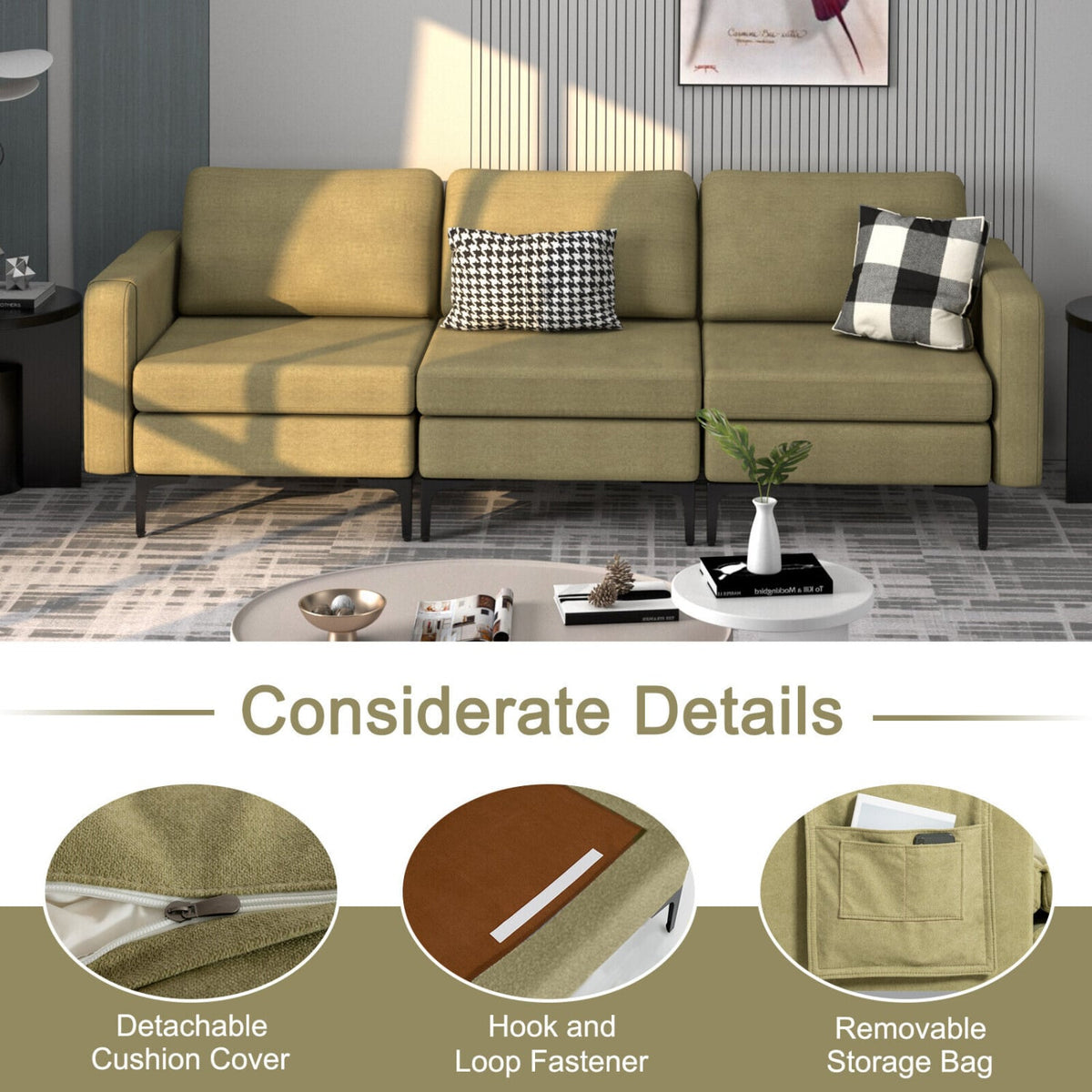 3-Seat Sectional Sofa - Green Linen Fabric with Metal Legs-Sofas & Loveseats-DECOROLALA