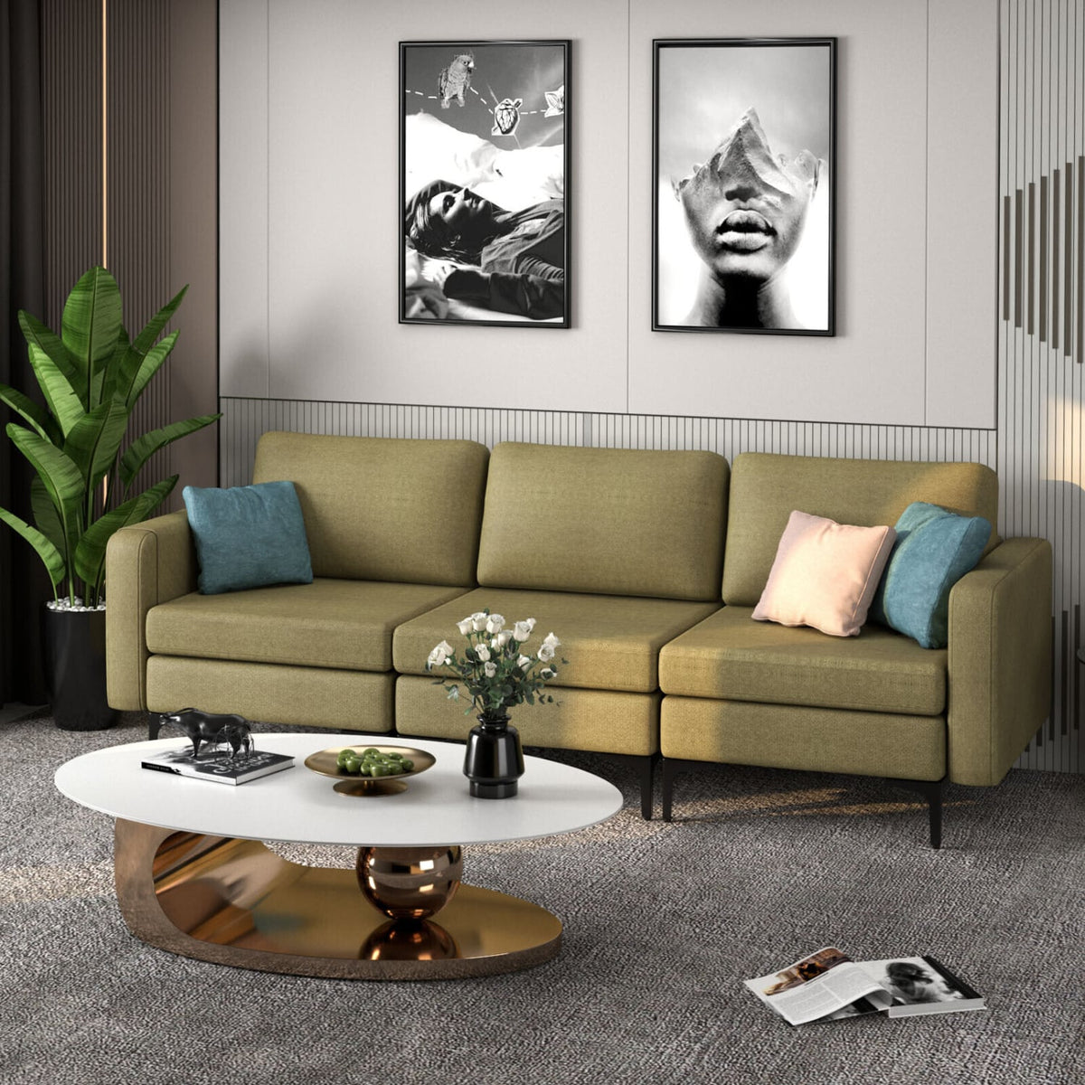 3-Seat Sectional Sofa - Green Linen Fabric with Metal Legs-Sofas & Loveseats-DECOROLALA
