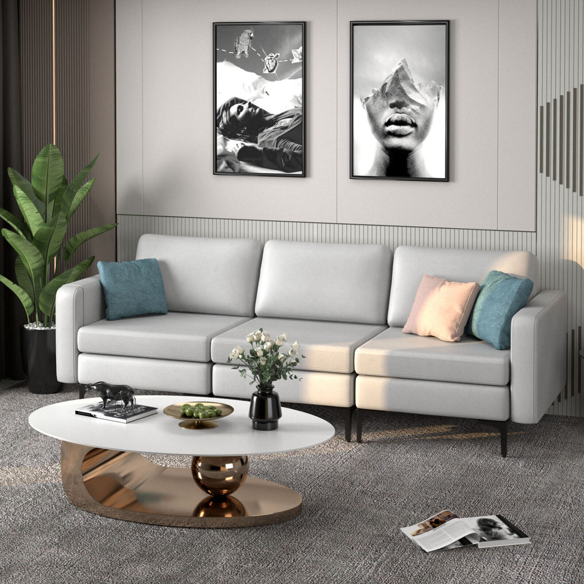 3-Seat Sectional Sofa Couch with Armrest Magazine Pocket and Metal Leg-Light Gray-Sofas & Loveseats-DECOROLALA