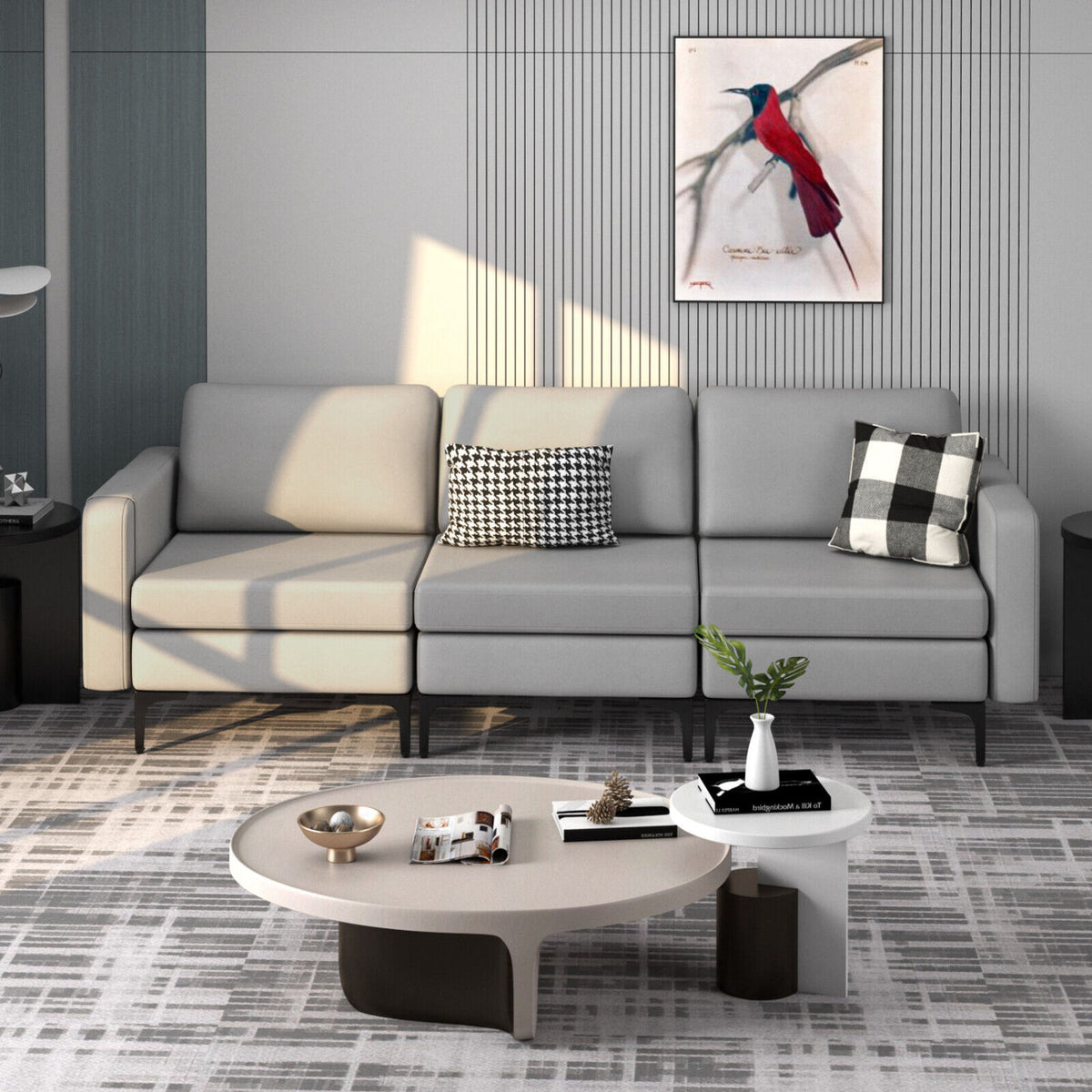 3-Seat Sectional Sofa Couch with Armrest Magazine Pocket and Metal Leg-Light Gray-Sofas & Loveseats-DECOROLALA