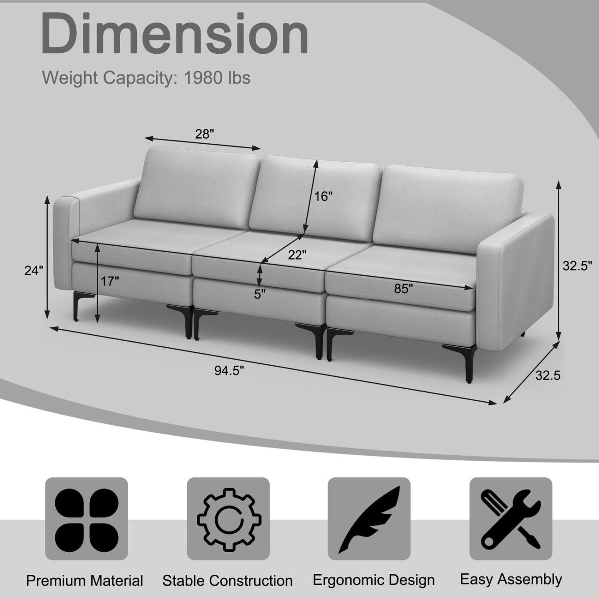 3-Seat Sectional Sofa Couch with Armrest Magazine Pocket and Metal Leg-Light Gray-Sofas & Loveseats-DECOROLALA