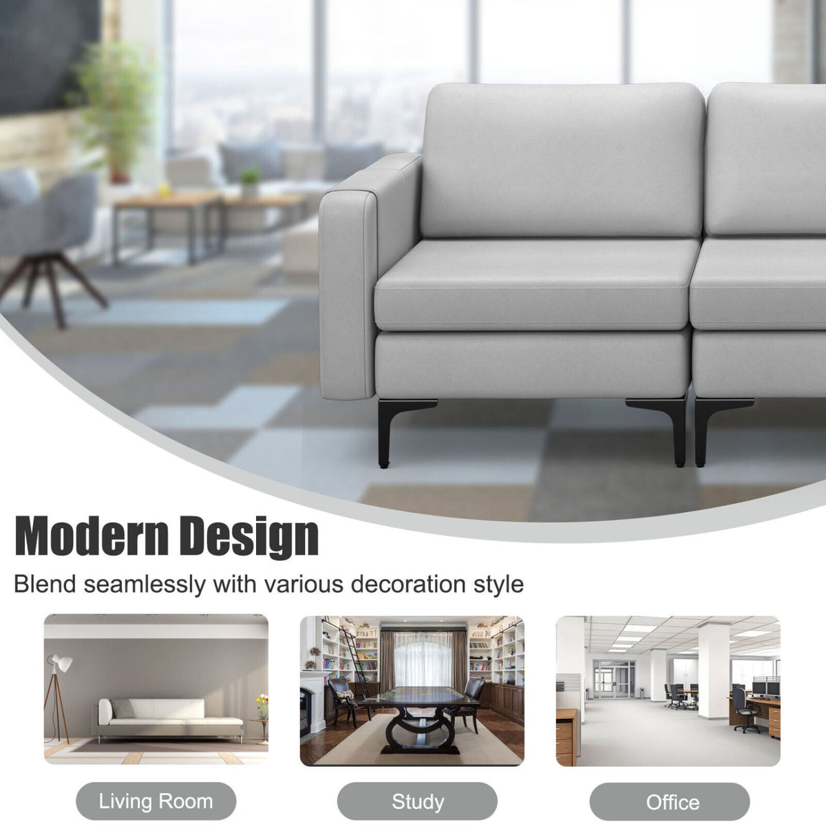3-Seat Sectional Sofa Couch with Armrest Magazine Pocket and Metal Leg-Light Gray-Sofas & Loveseats-DECOROLALA