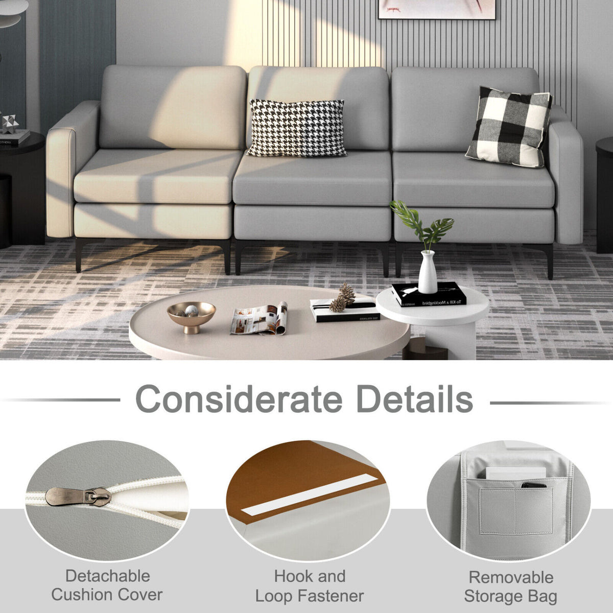 3-Seat Sectional Sofa Couch with Armrest Magazine Pocket and Metal Leg-Light Gray-Sofas & Loveseats-DECOROLALA