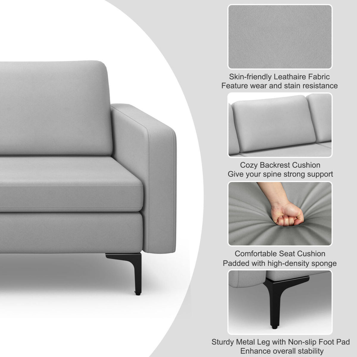 3-Seat Sectional Sofa Couch with Armrest Magazine Pocket and Metal Leg-Light Gray-Sofas & Loveseats-DECOROLALA