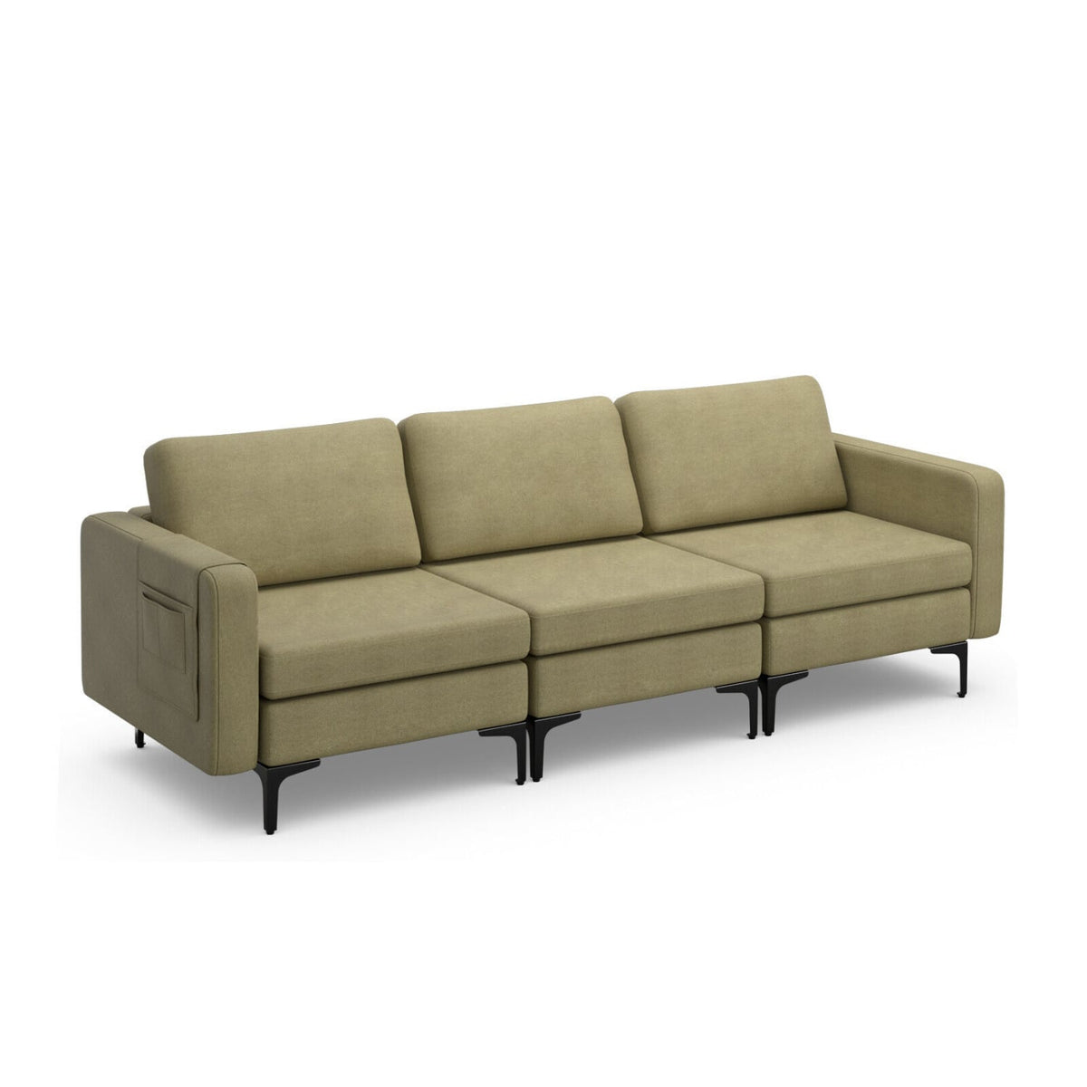 3-Seat Sectional Sofa - Green Linen Fabric with Metal Legs-Sofas & Loveseats-DECOROLALA