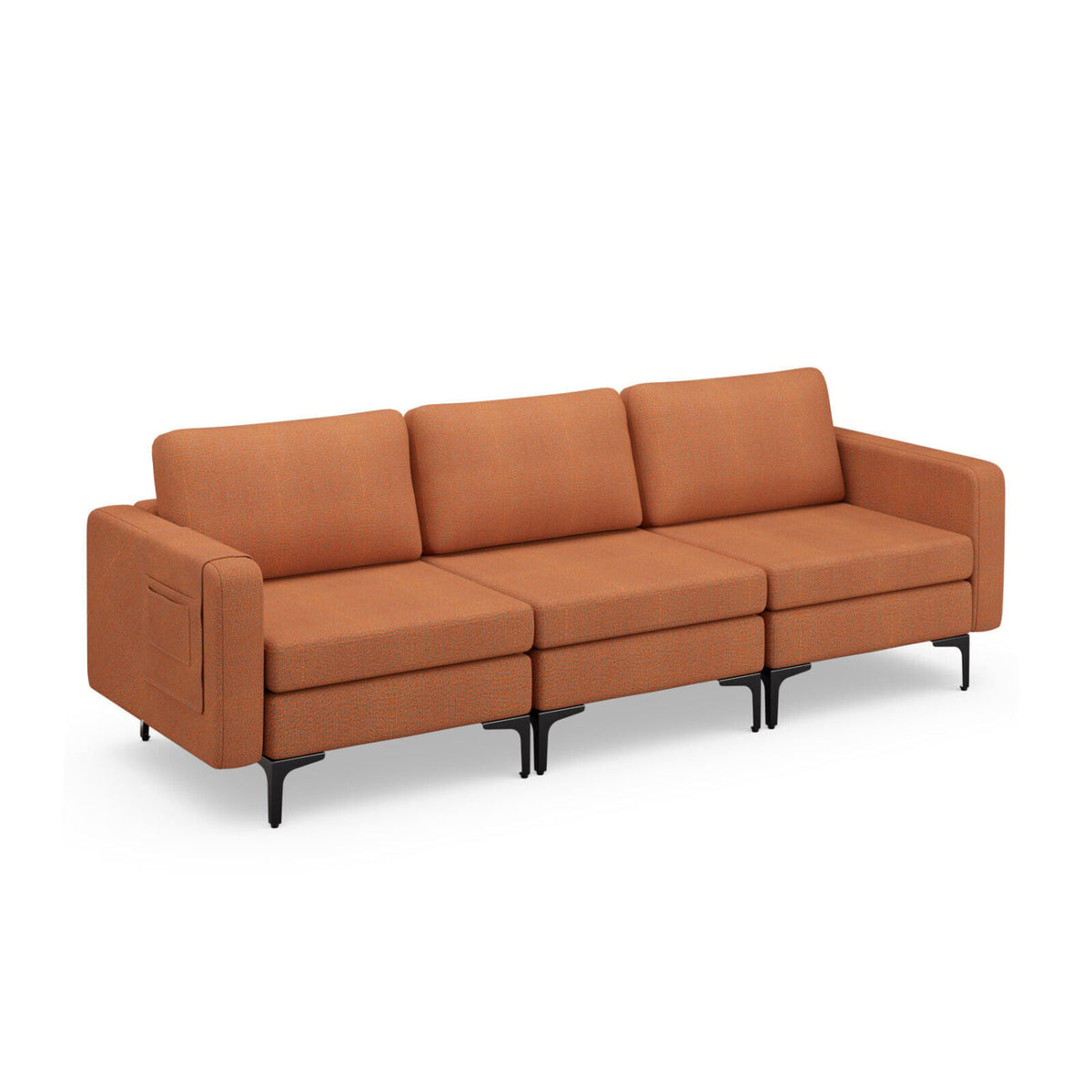 3-Seat Sectional Sofa - Orange Linen with Magazine Pocket-Sofas & Loveseats-DECOROLALA