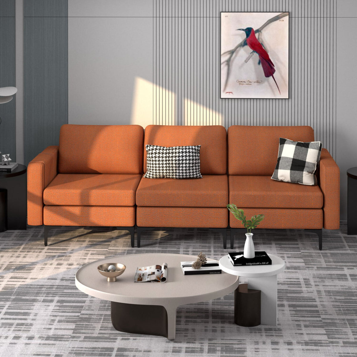 3-Seat Sectional Sofa - Orange Linen with Magazine Pocket-Sofas & Loveseats-DECOROLALA