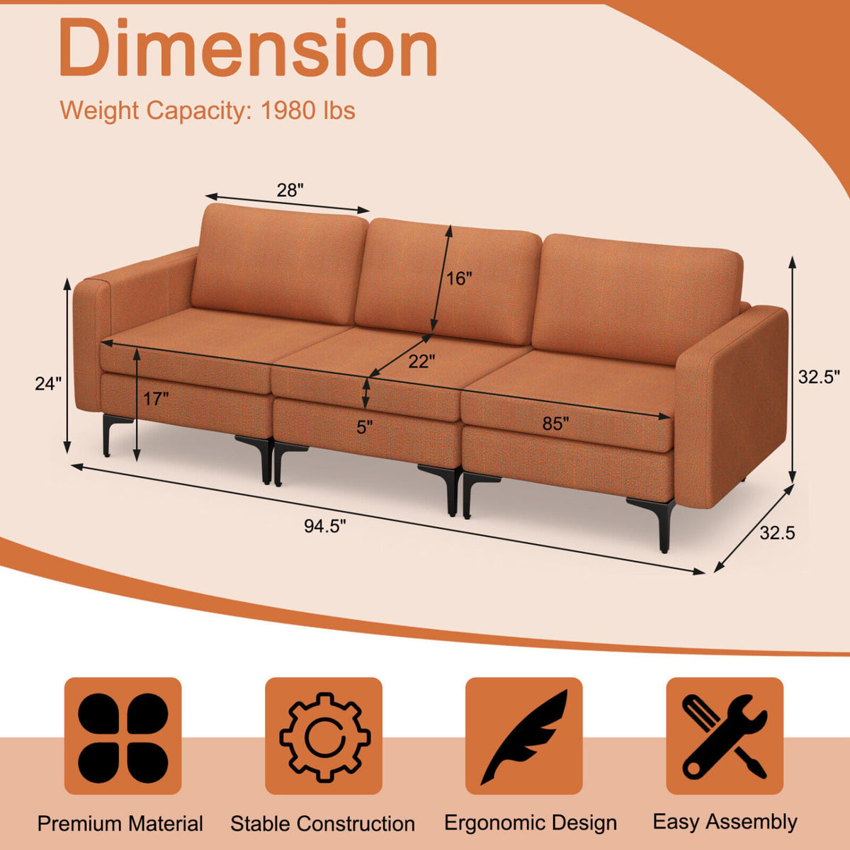 3-Seat Sectional Sofa - Orange Linen with Magazine Pocket-Sofas & Loveseats-DECOROLALA