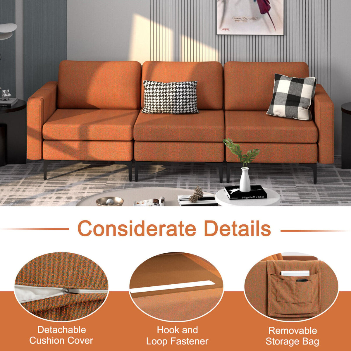 3-Seat Sectional Sofa - Orange Linen with Magazine Pocket-Sofas & Loveseats-DECOROLALA