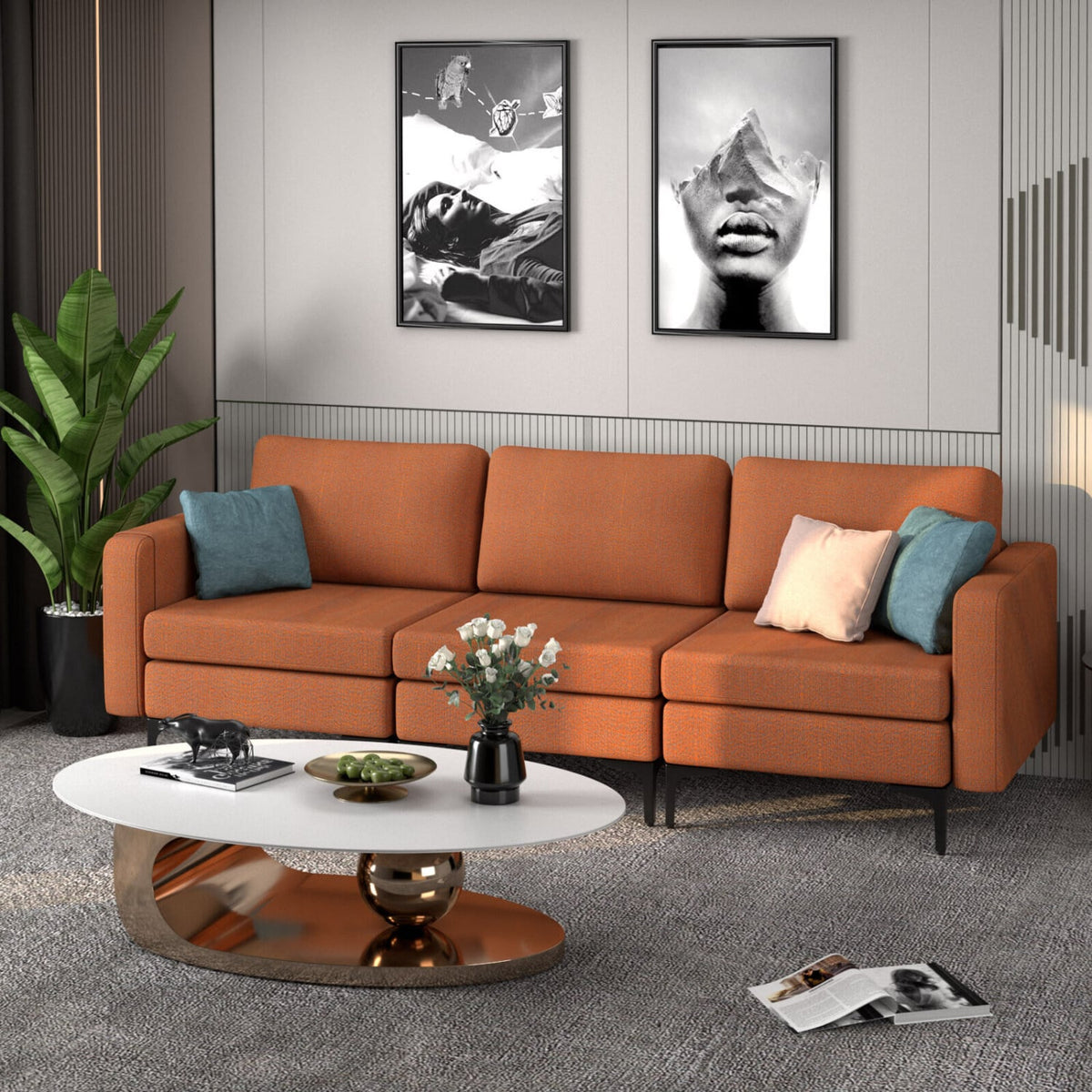 3-Seat Sectional Sofa - Orange Linen with Magazine Pocket-Sofas & Loveseats-DECOROLALA