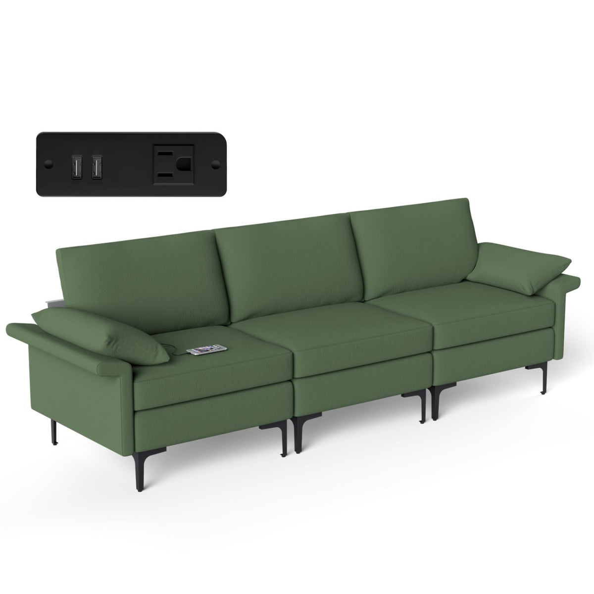3-Seat Sectional Sofa with USB Ports and Metal Legs - Green-Sofas & Loveseats-DECOROLALA