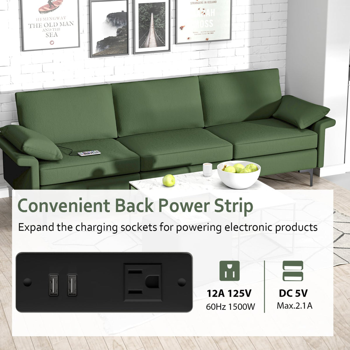 3-Seat Sectional Sofa with USB Ports and Metal Legs - Green-Sofas & Loveseats-DECOROLALA