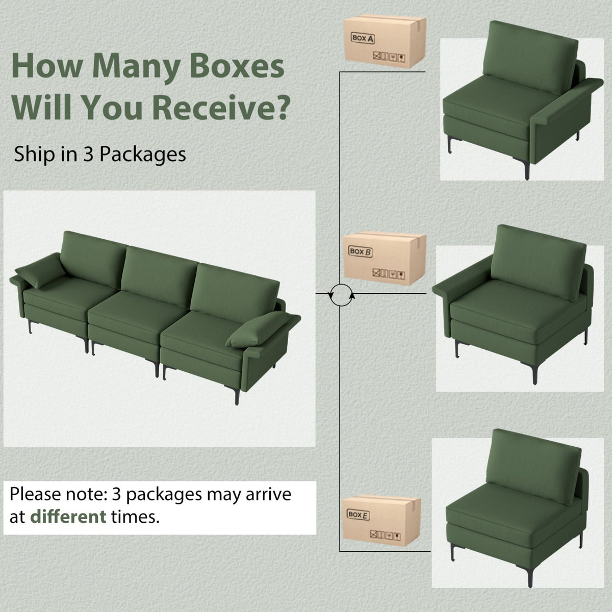 3-Seat Sectional Sofa with USB Ports and Metal Legs - Green-Sofas & Loveseats-DECOROLALA