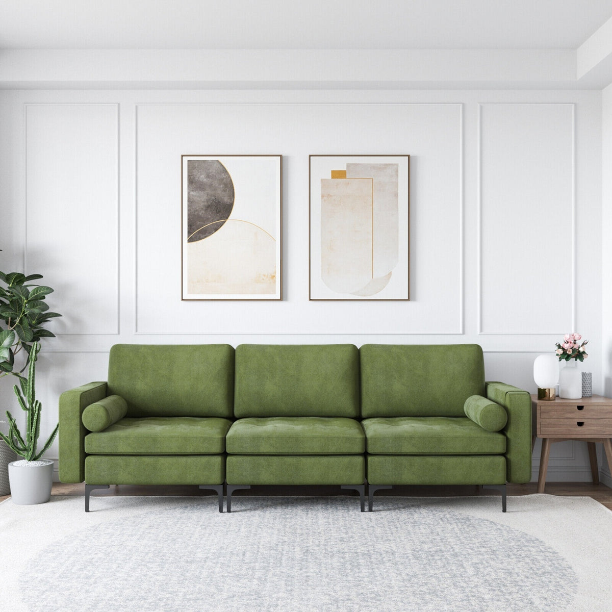 3-Seat Sofa Sectional with Side Storage Pocket and Metal Leg-Army Green-Sofas & Loveseats-DECOROLALA