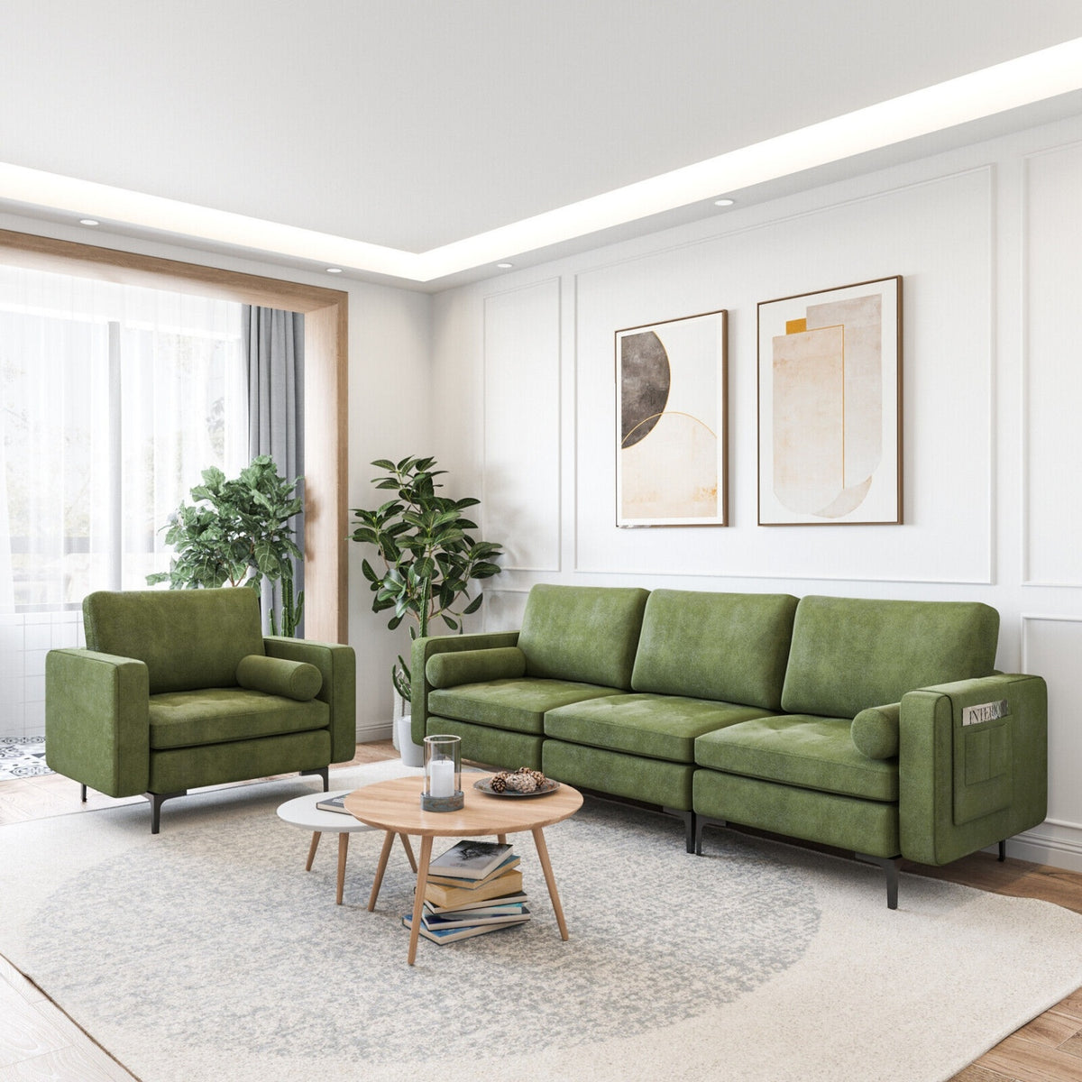 3-Seat Sofa Sectional with Side Storage Pocket and Metal Leg-Army Green-Sofas & Loveseats-DECOROLALA