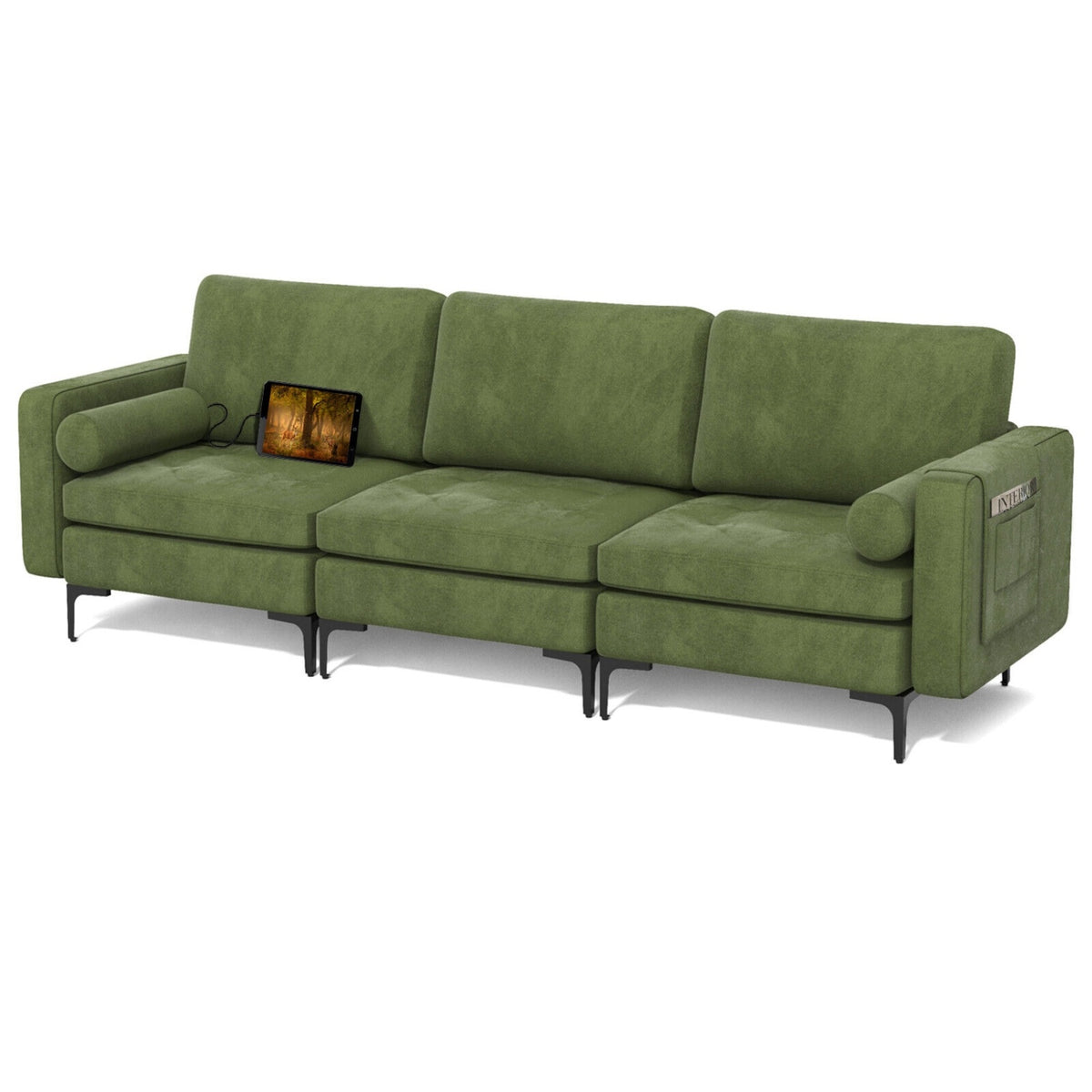 3-Seat Sofa Sectional with Side Storage Pocket and Metal Leg-Army Green-Sofas & Loveseats-DECOROLALA