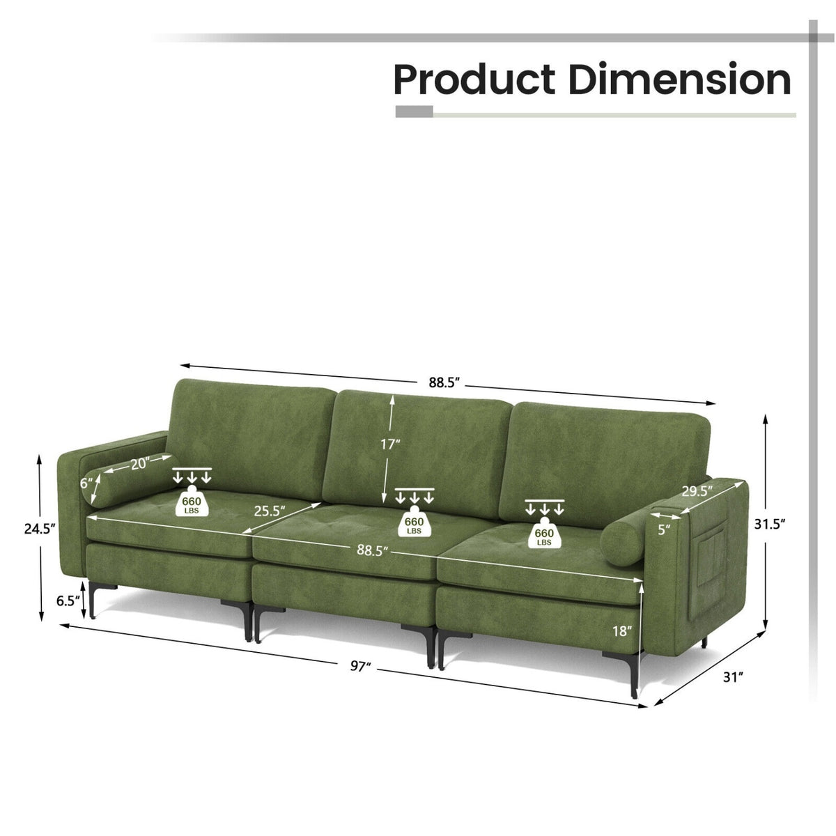 3-Seat Sofa Sectional with Side Storage Pocket and Metal Leg-Army Green-Sofas & Loveseats-DECOROLALA