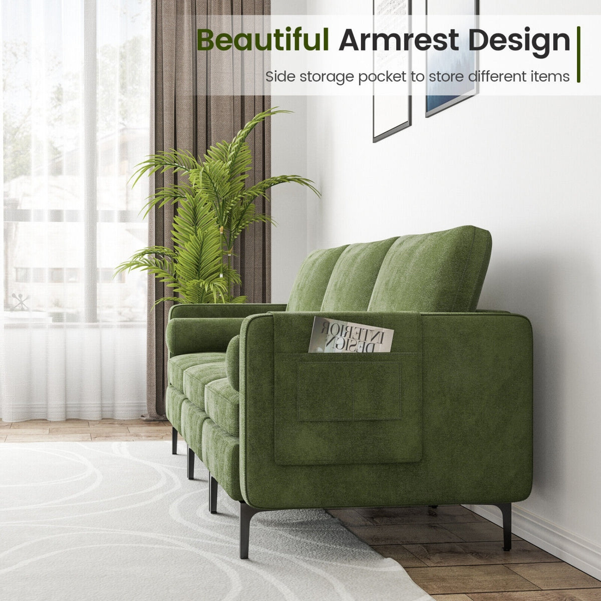 3-Seat Sofa Sectional with Side Storage Pocket and Metal Leg-Army Green-Sofas & Loveseats-DECOROLALA