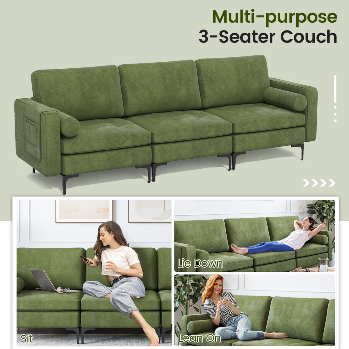 3-Seat Sofa Sectional with Side Storage Pocket and Metal Leg-Army Green-Sofas & Loveseats-DECOROLALA