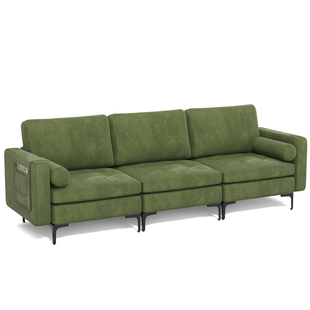 3-Seat Sofa Sectional with Side Storage Pocket and Metal Leg-Army Green-Sofas & Loveseats-DECOROLALA