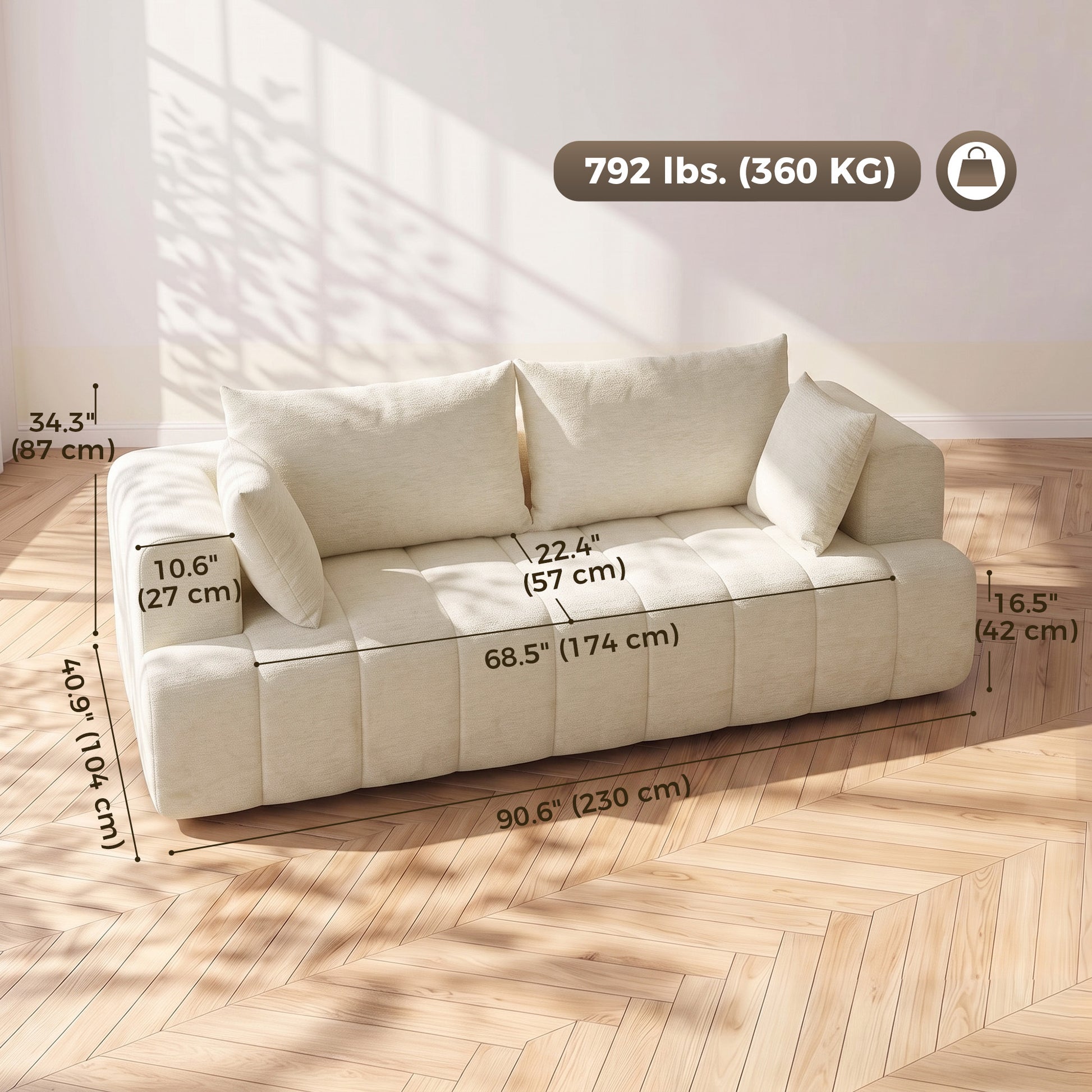 3 Seater Chenille Cloud Couch - Beige Boneless Sofa-Home Furnishings > Living Room Furniture > Sofas & Reclining Chairs > 3-Seater Sofas-DECOROLALA