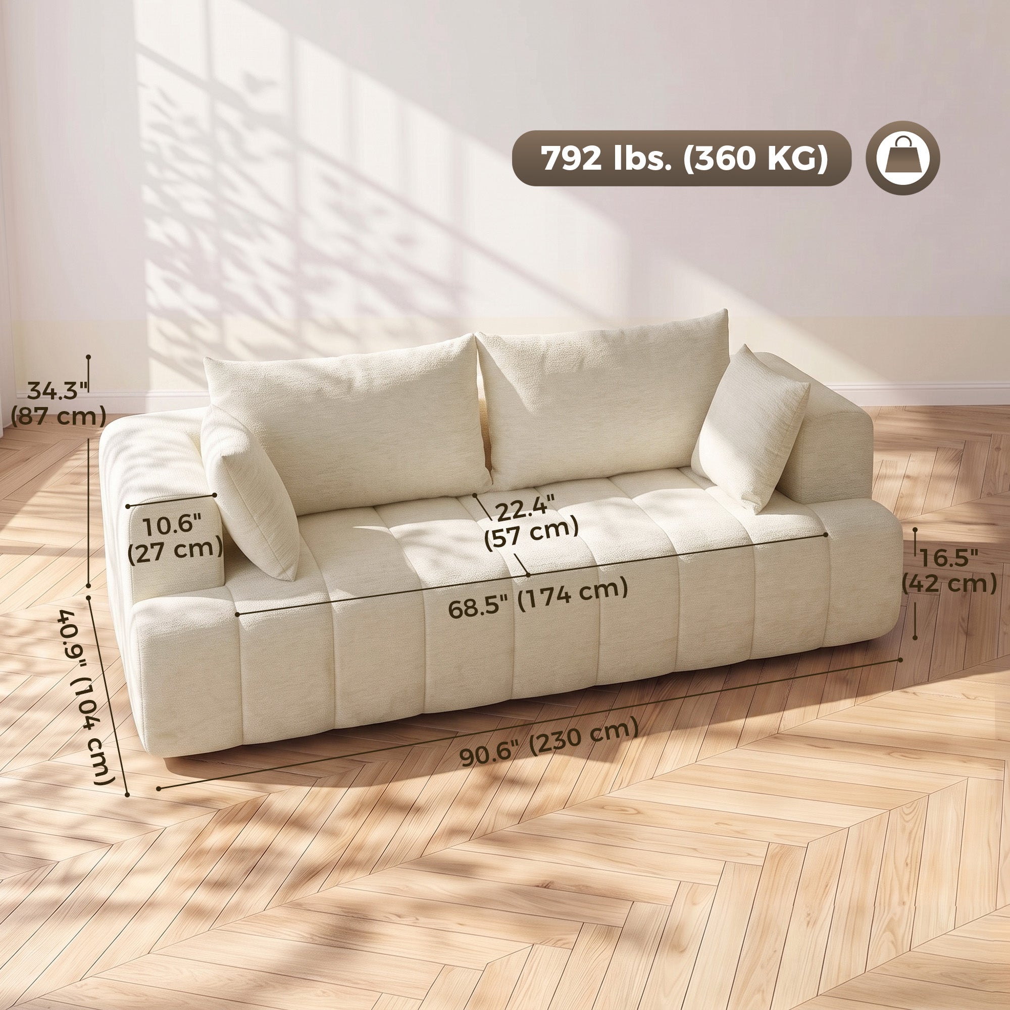 3 Seater Chenille Cloud Couch - Beige Boneless Sofa-Home Furnishings > Living Room Furniture > Sofas & Reclining Chairs > 3-Seater Sofas-DECOROLALA