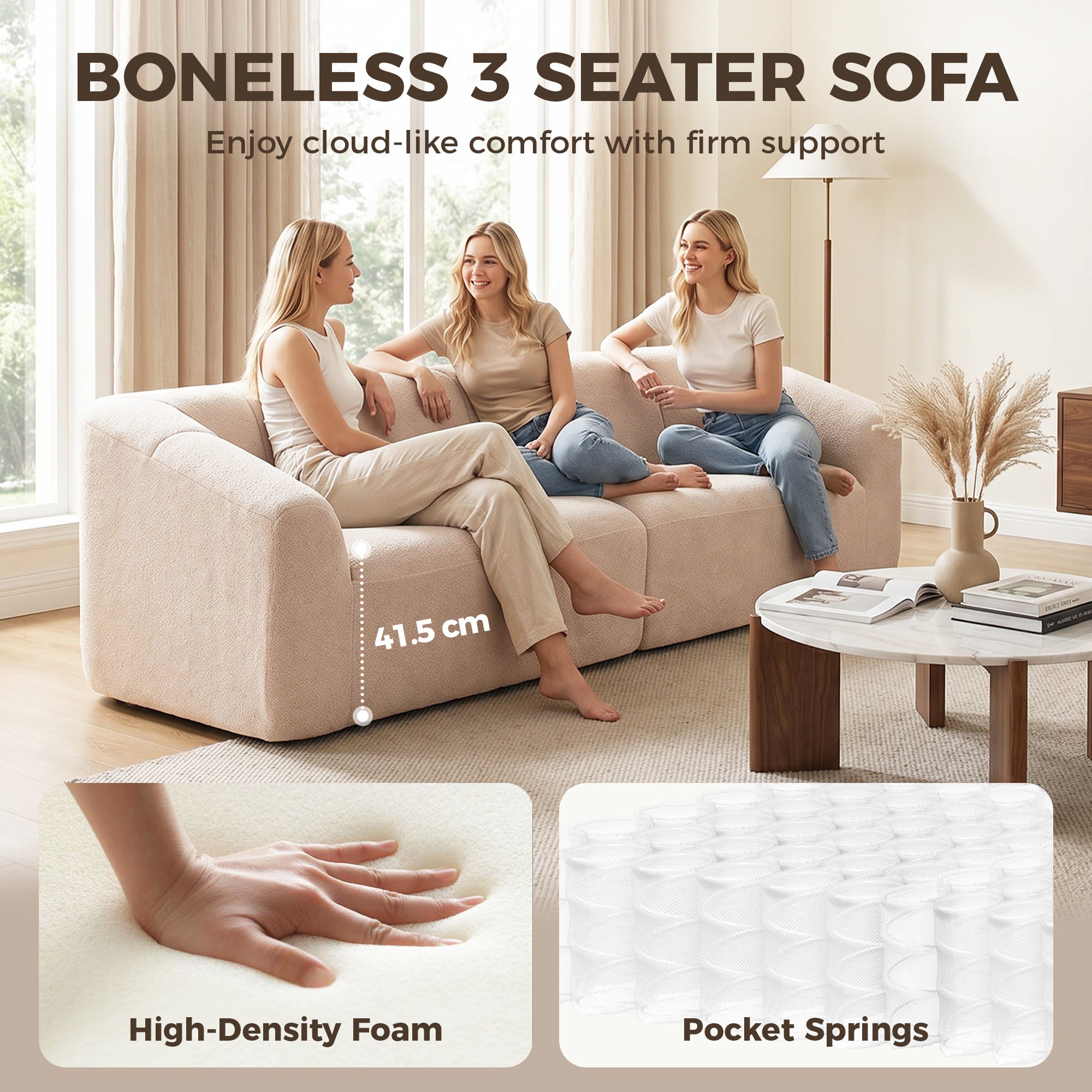 3 Seater Chenille Cloud Couch - Beige Boneless Sofa-Home Furnishings > Living Room Furniture > Sofas & Reclining Chairs > 3-Seater Sofas-DECOROLALA
