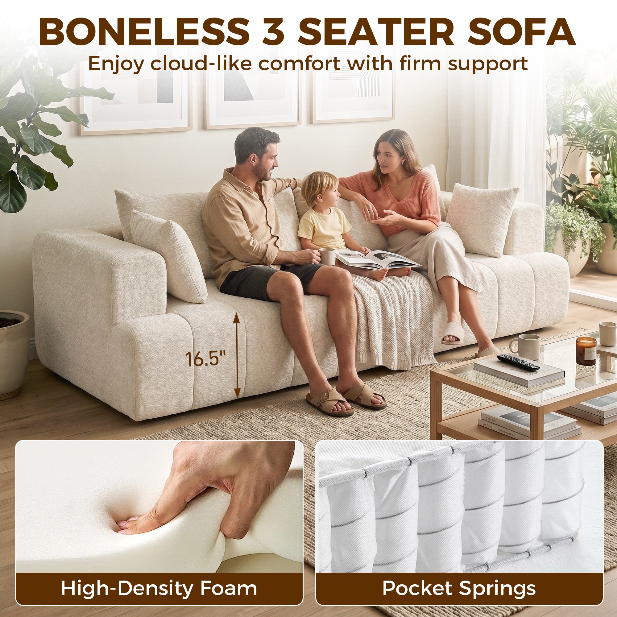 3 Seater Chenille Cloud Couch - Beige Boneless Sofa-Home Furnishings > Living Room Furniture > Sofas & Reclining Chairs > 3-Seater Sofas-DECOROLALA