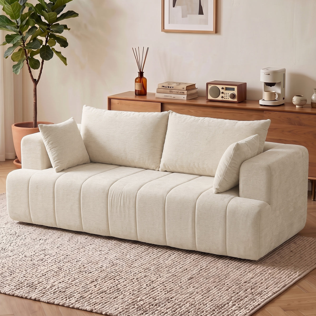3 Seater Chenille Cloud Couch - Beige Boneless Sofa-Home Furnishings > Living Room Furniture > Sofas & Reclining Chairs > 3-Seater Sofas-DECOROLALA