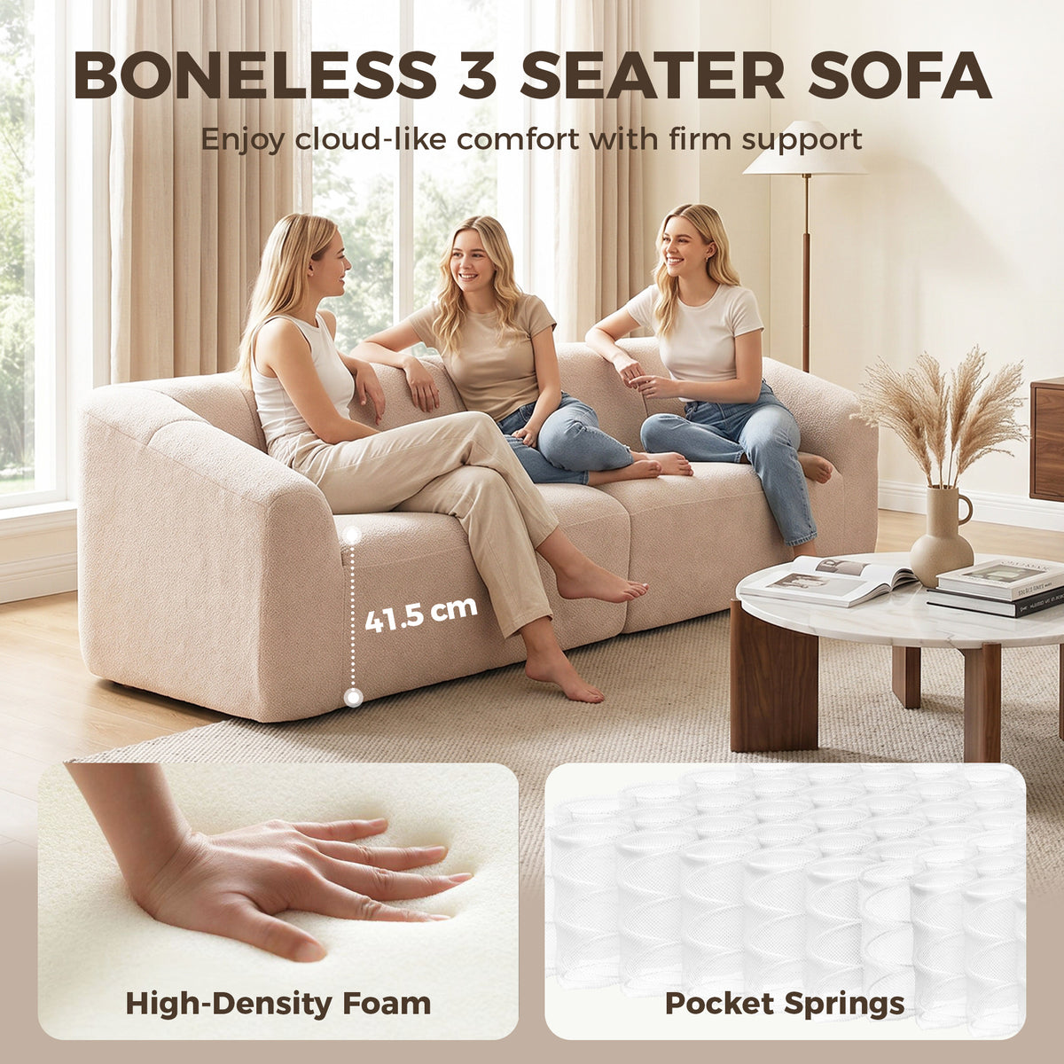 3 Seater Chenille Cloud Couch - Beige Boneless Sofa-Sofas-DECOROLALA